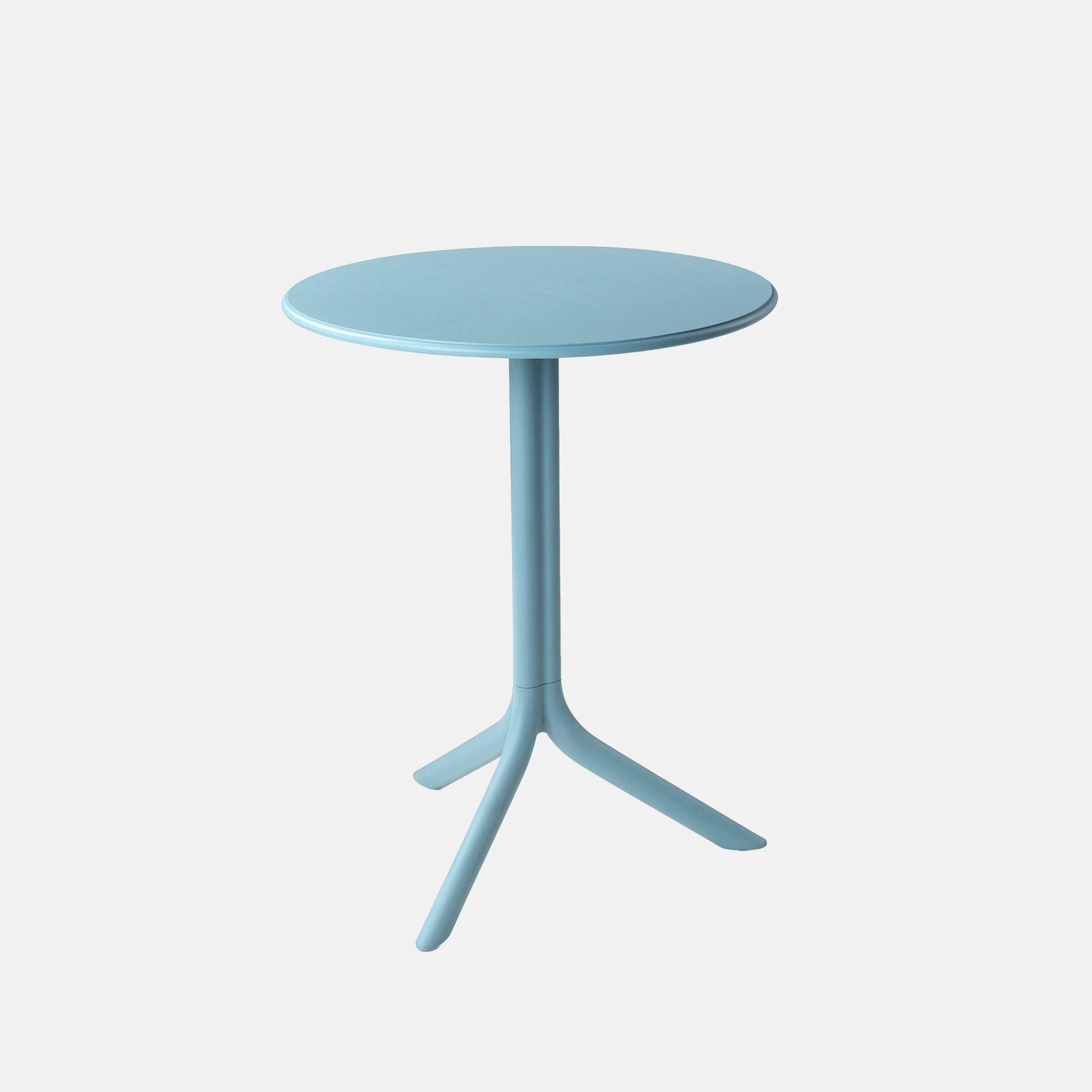 Small round adjustable height garden table with a light blue colour on a white background