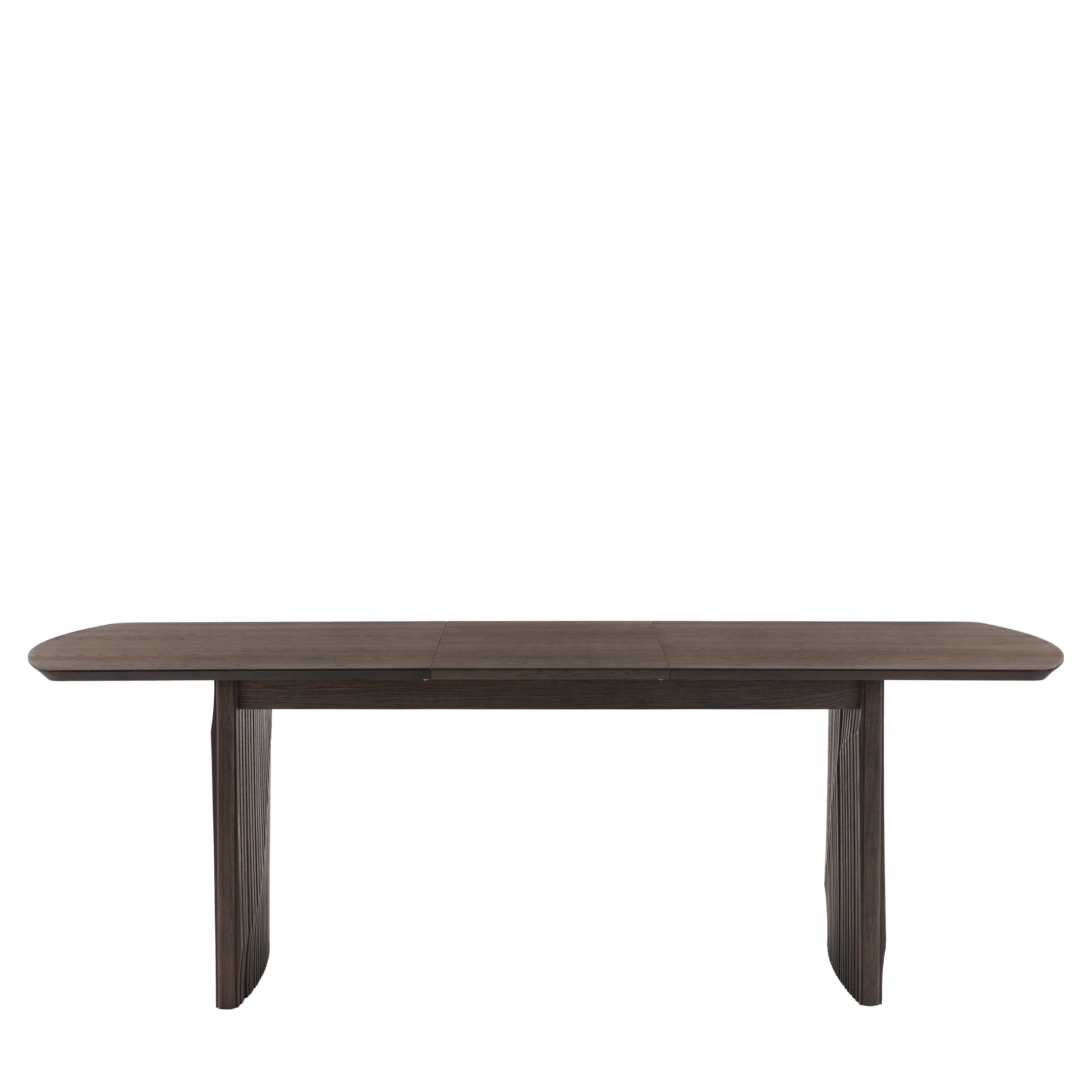 Rectangular extending dining table expanded with seating for guests