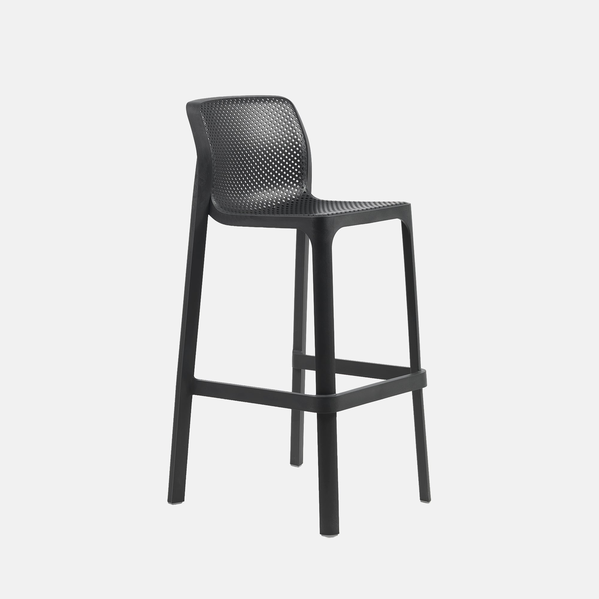 Nardi outdoor net black bar stool with mesh seat on a light grey background