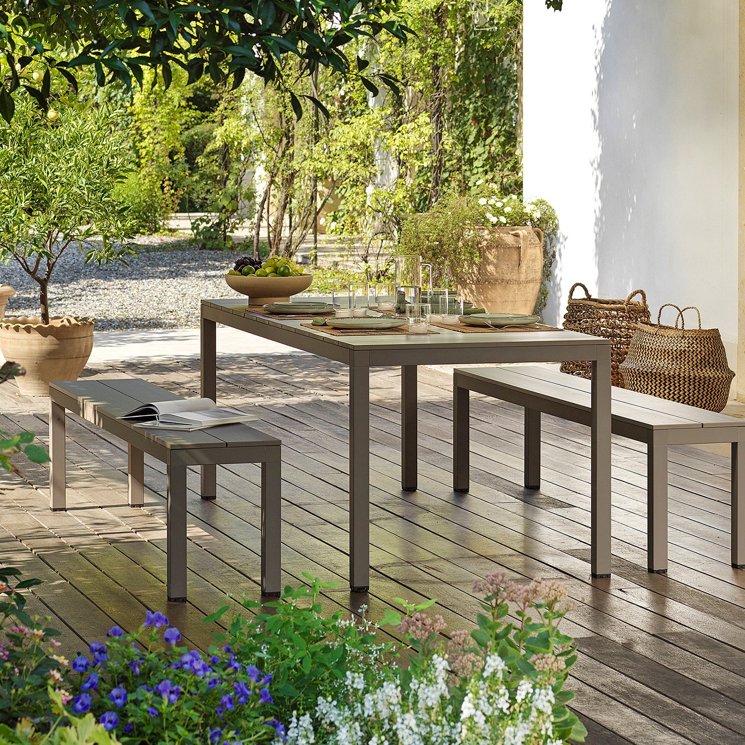 2 Rio benches with a desirable Rio garden dining table. Have fun this Summer with cocktail making evenings.