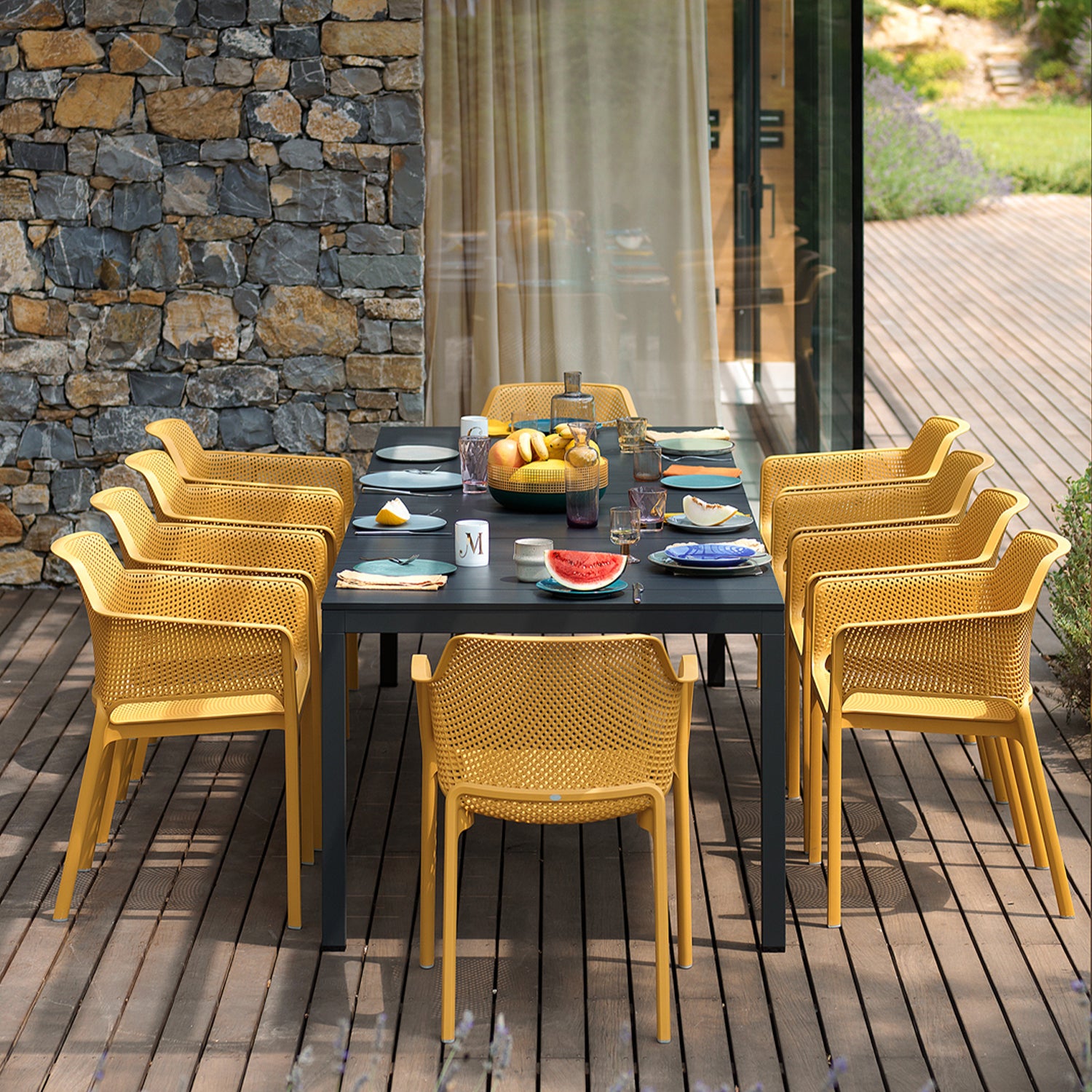 Style it out and create a mix and match look Rio table and net garden chair set. 
Seat 10 guests with the Rio 210 table.
