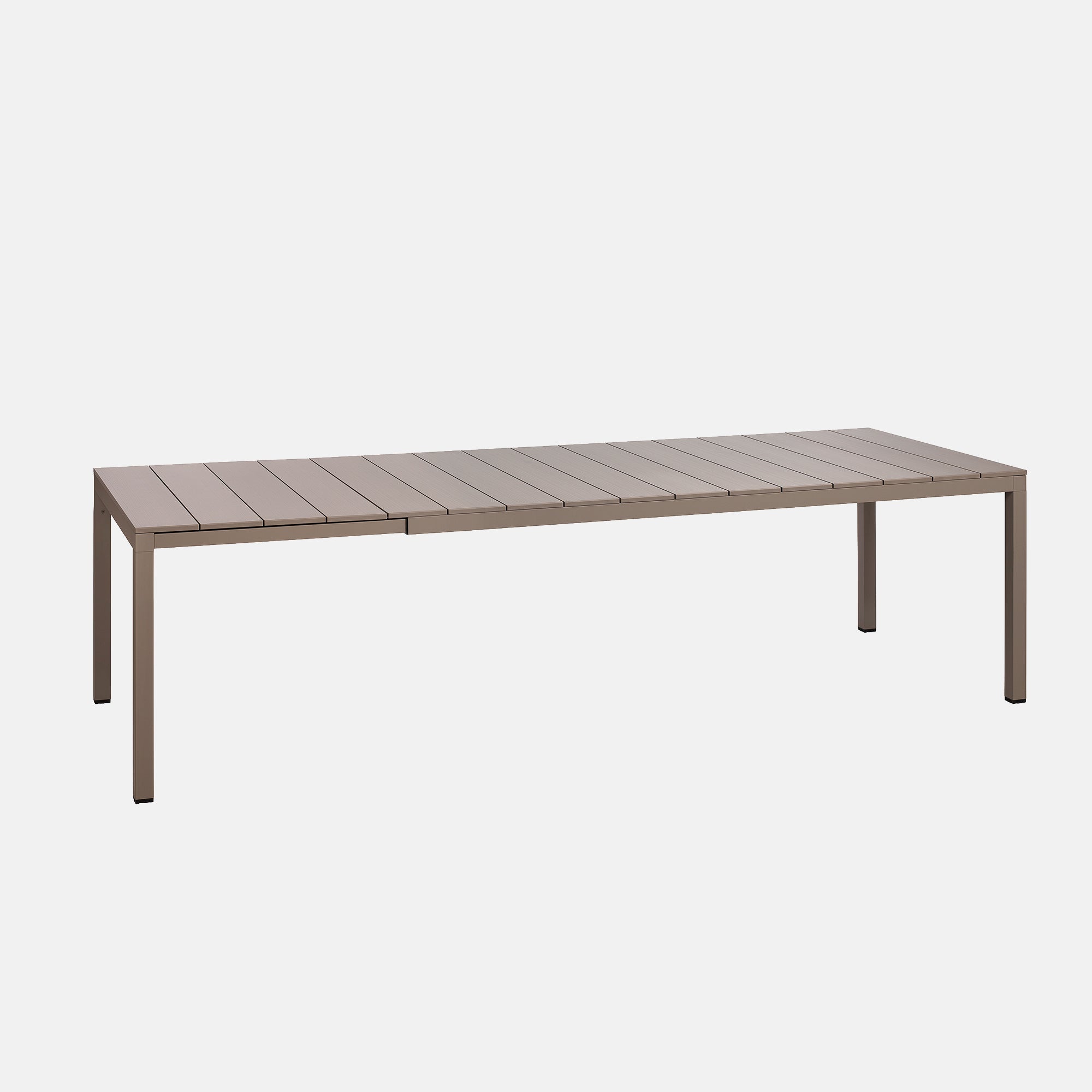 Rio alu 210 extending garden use dining table on a plain backdrop.