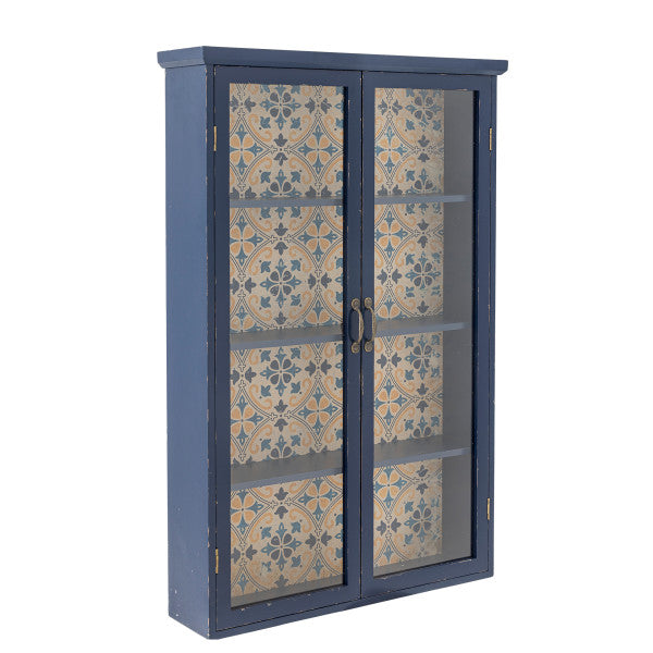 Side view of cabinet in the colour blue with patterns