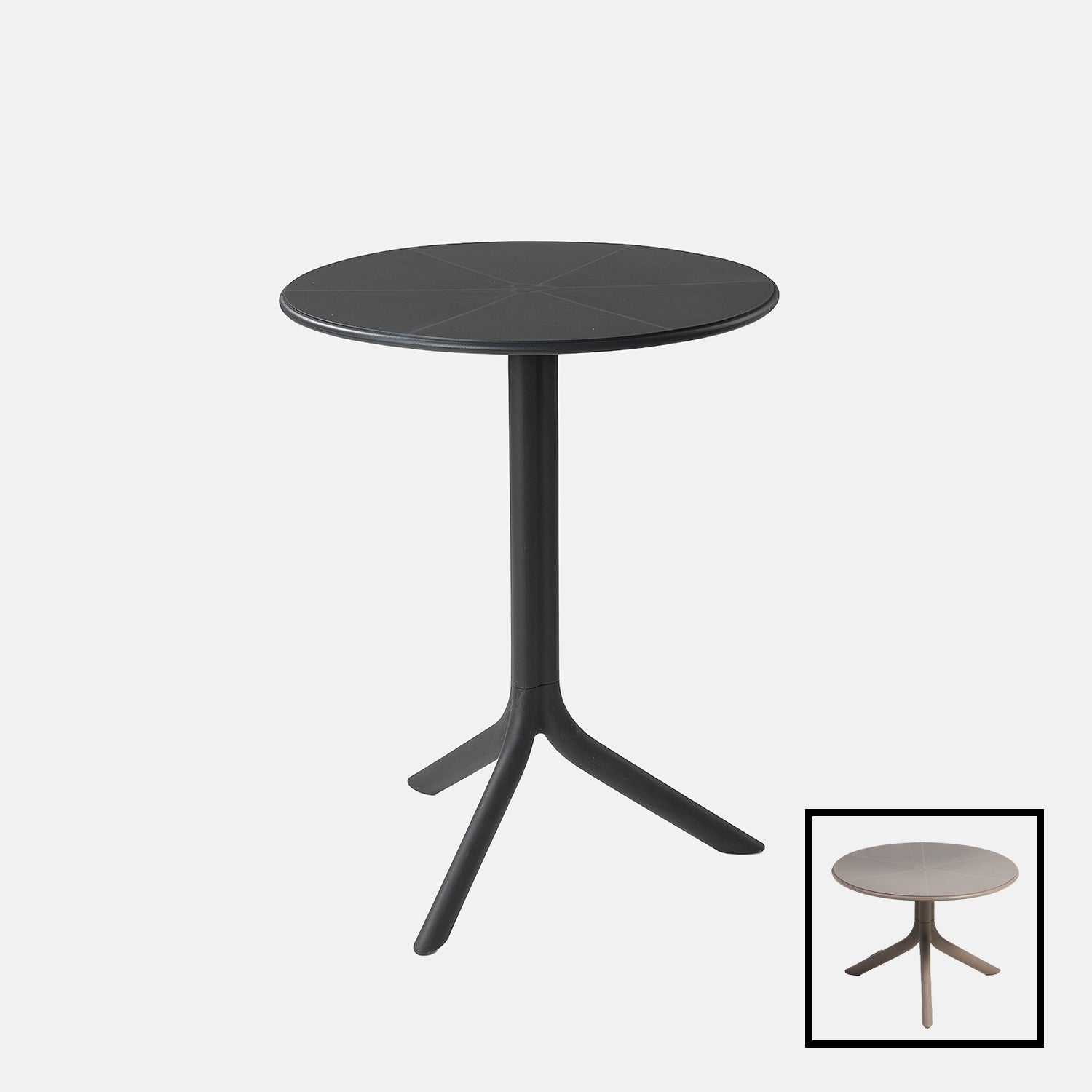 Black Spritz round table with three legs on a white background