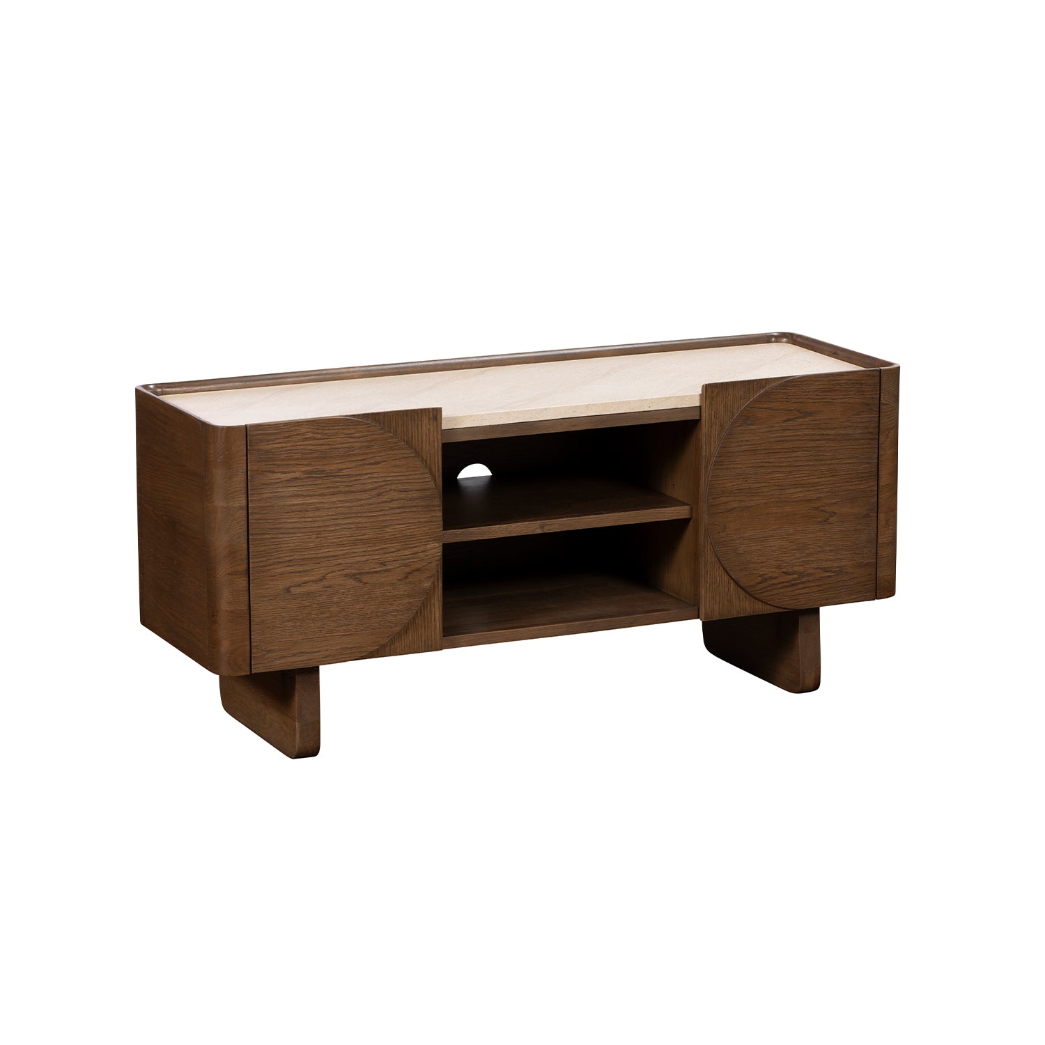 A brown wooden TV unit with two doors and marble top on a white background