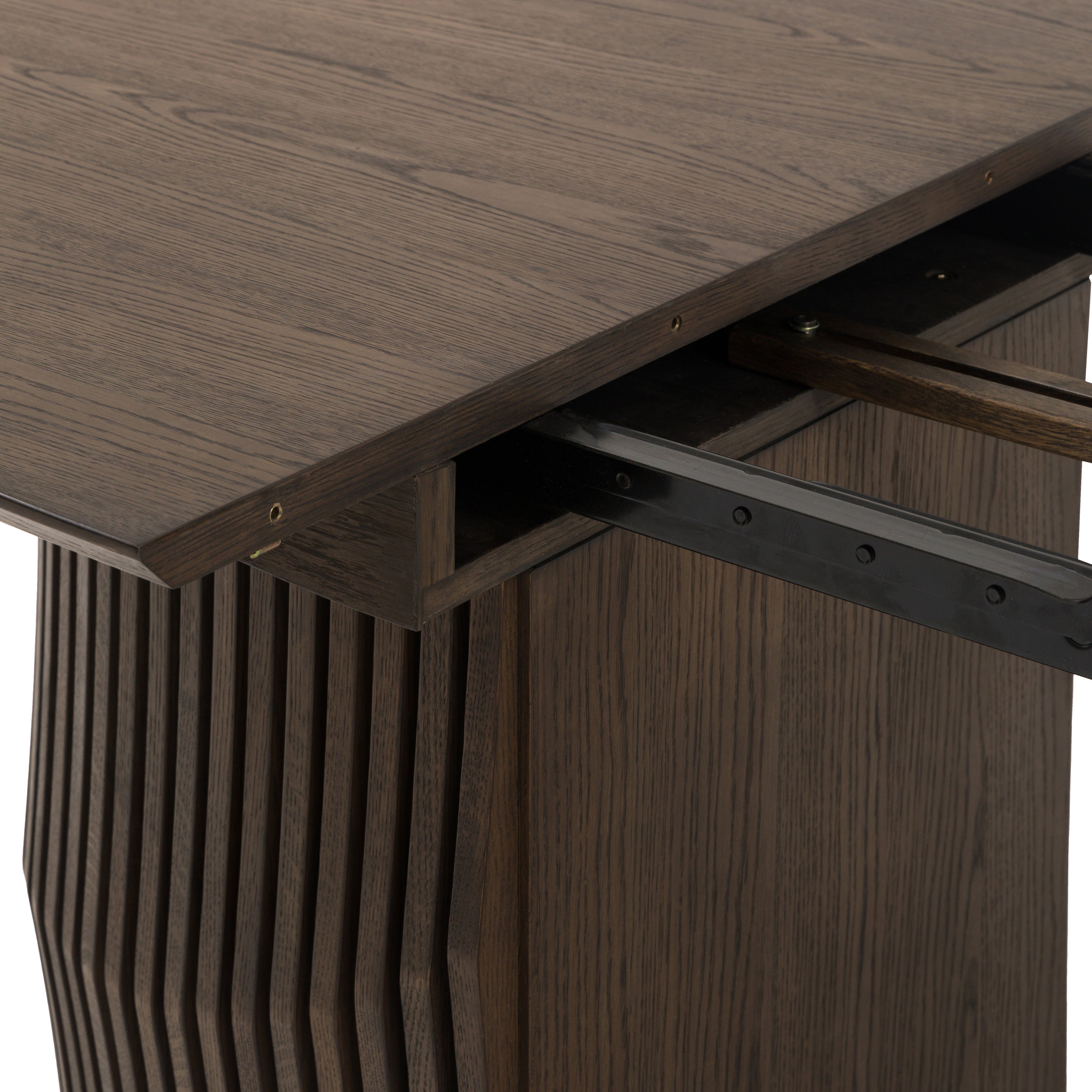 Walnut oval dining table with extension leaf open