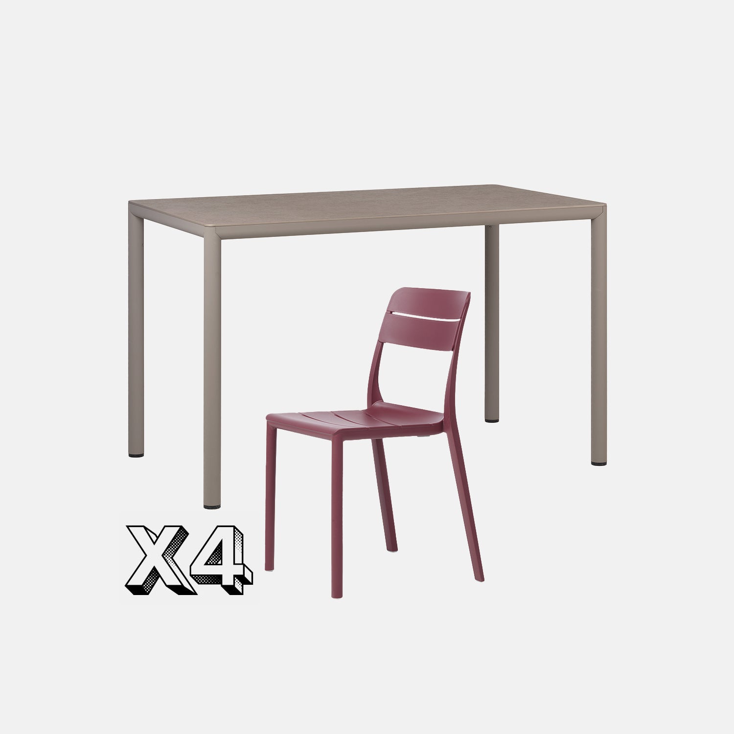 Dining Set - Piave 120cm Garden Table  In Taupe & Cassia Armless Chairs In Burgundy On A Grey Background