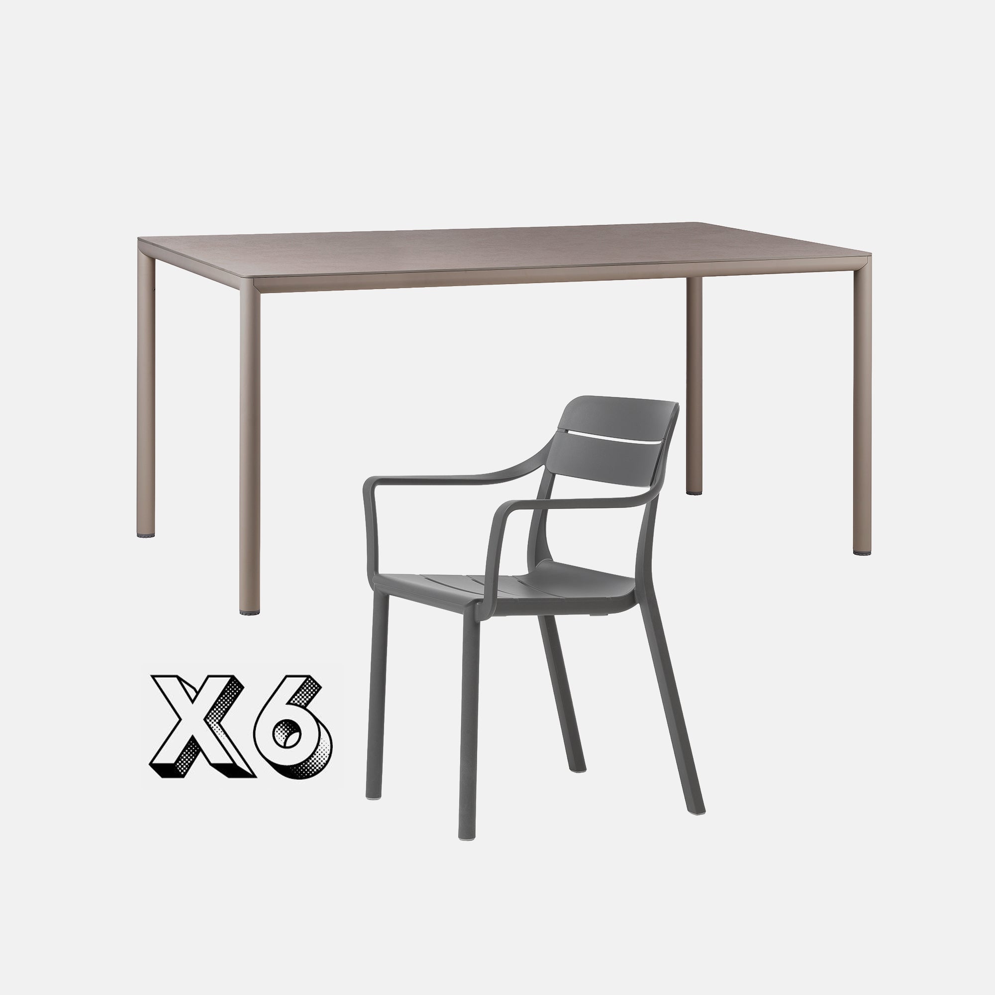 Dining Set - Piave 160cm Garden Table In Taupe & Cassia Armchairs In Grey On A Grey Background