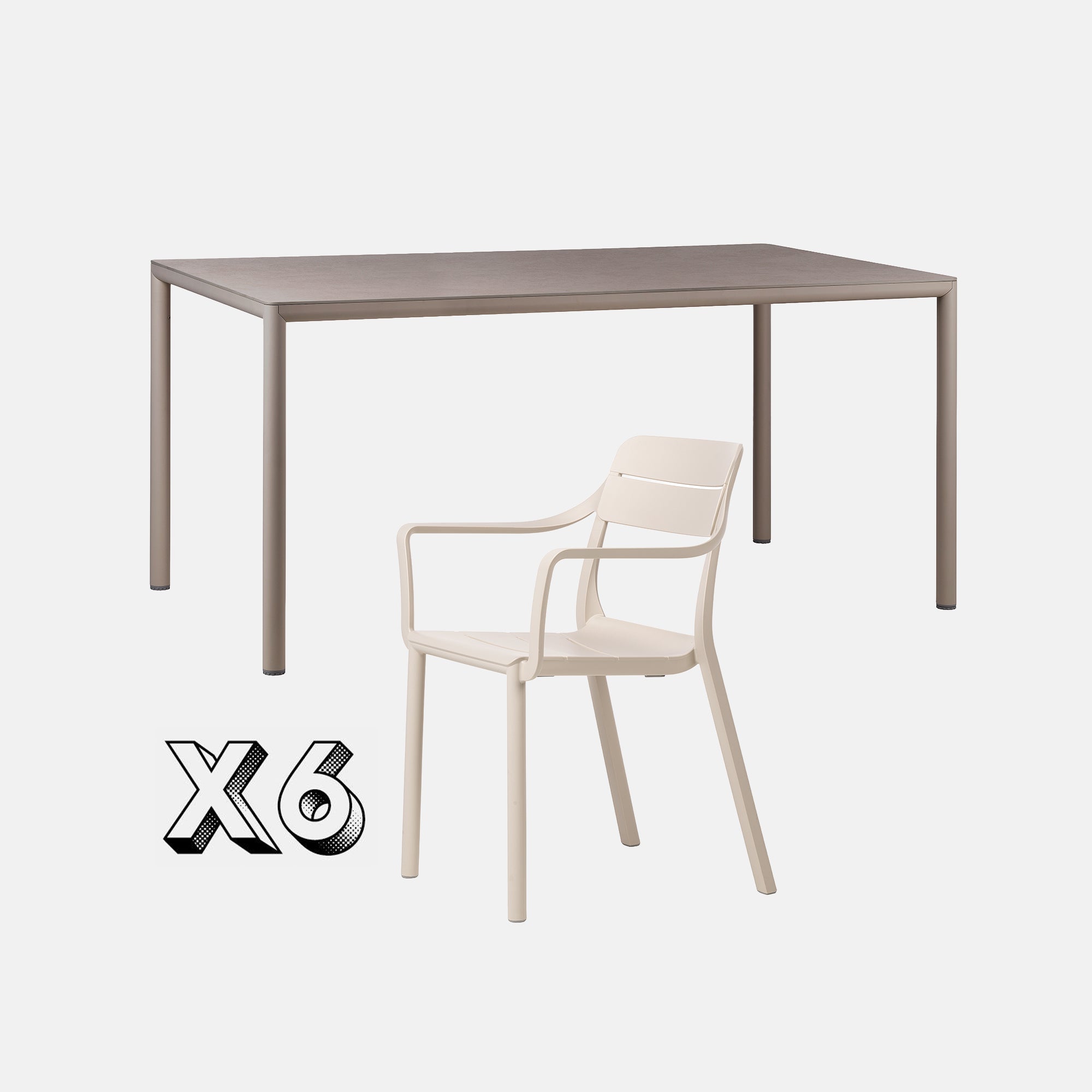 Dining Set - Piave 160cm Garden Table In Taupe & Cassia Armchairs In Natural On A Grey Background