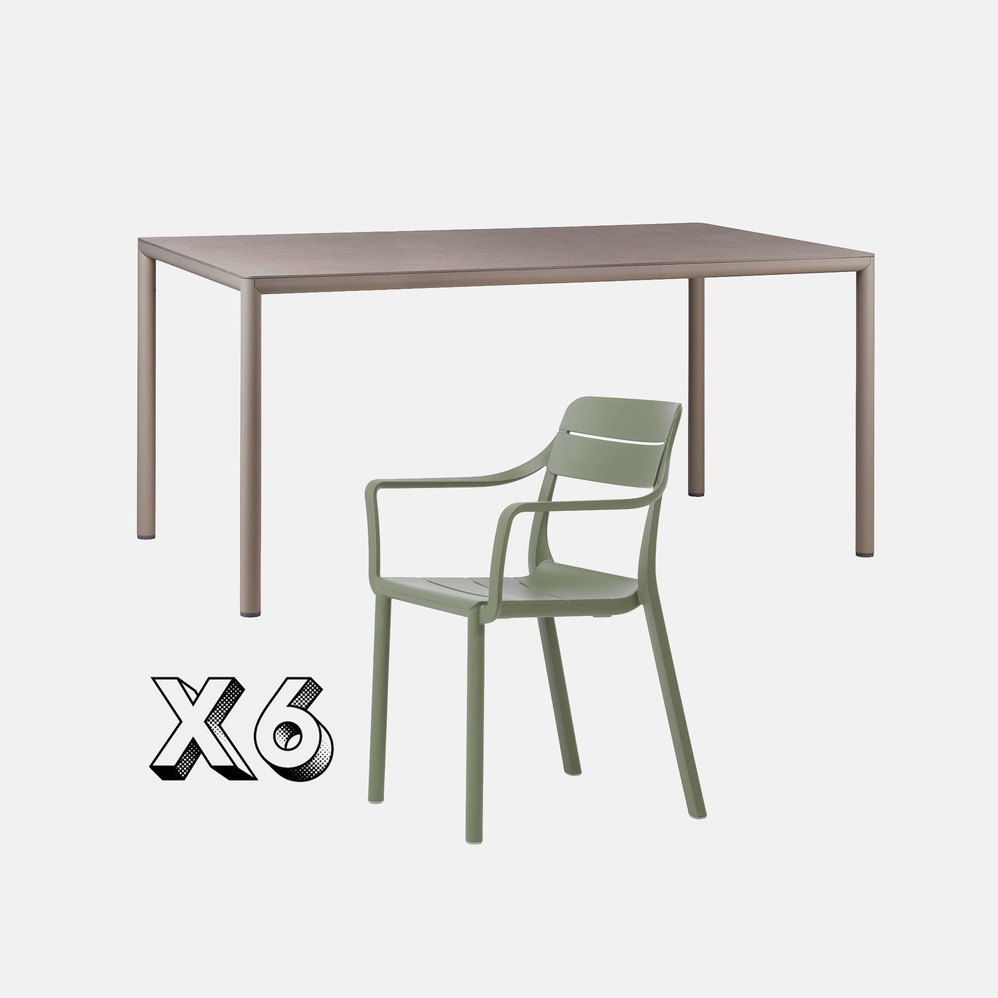 Dining Set - Piave 160cm Garden Table In Taupe & Cassia Armchairs In Olive On A Grey Background