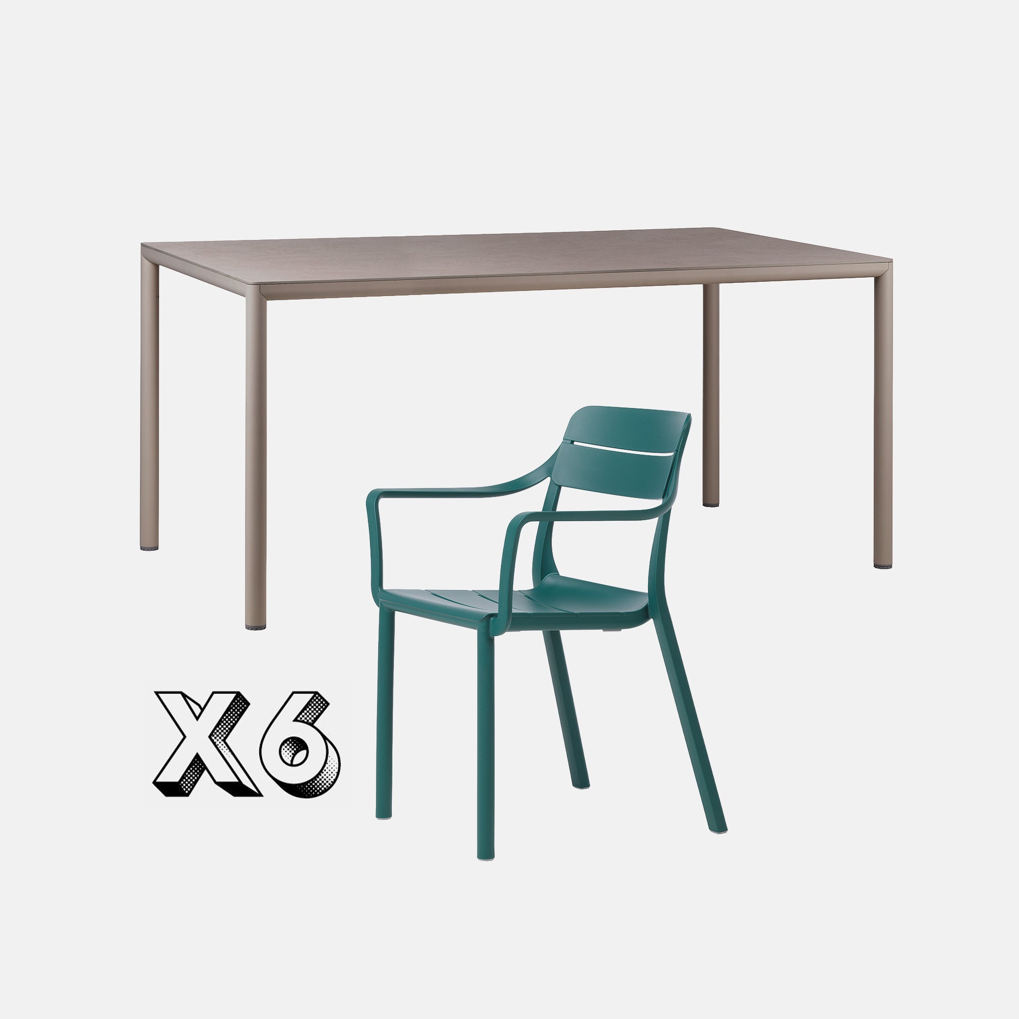 Dining Set - Piave 160cm Garden Table In Taupe & Cassia Armchairs In Teal On A Grey Background