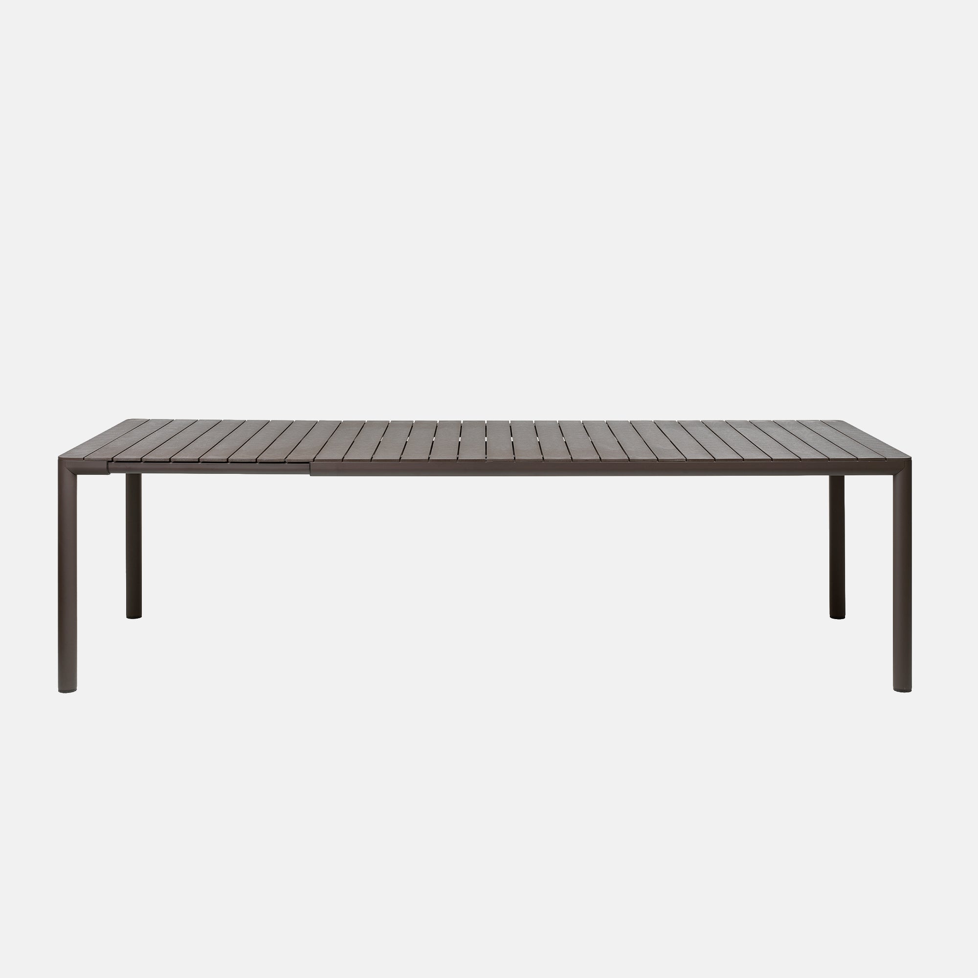 Rectangular outdoor table with slatted top on a white background, extending Tevere 210cm
