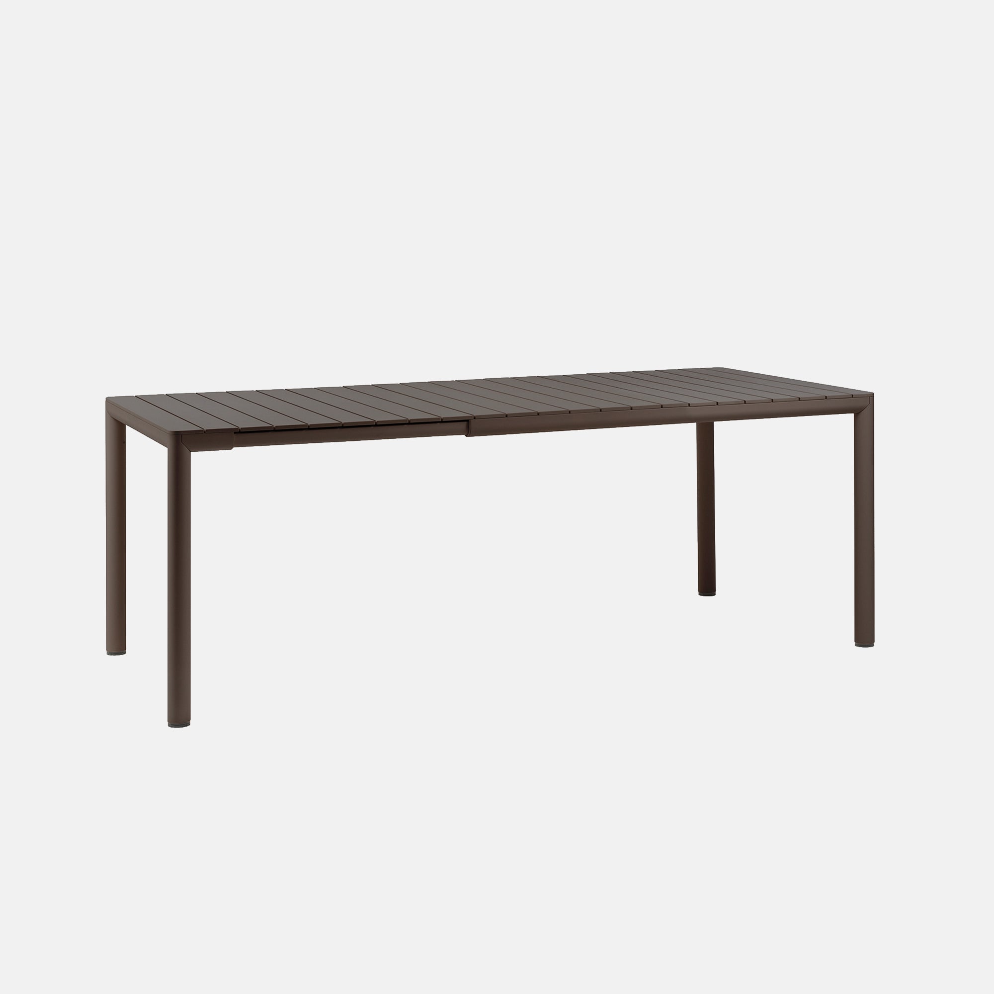 Rectangular Tevere extending outdoor table with a dark brown finish on a white background