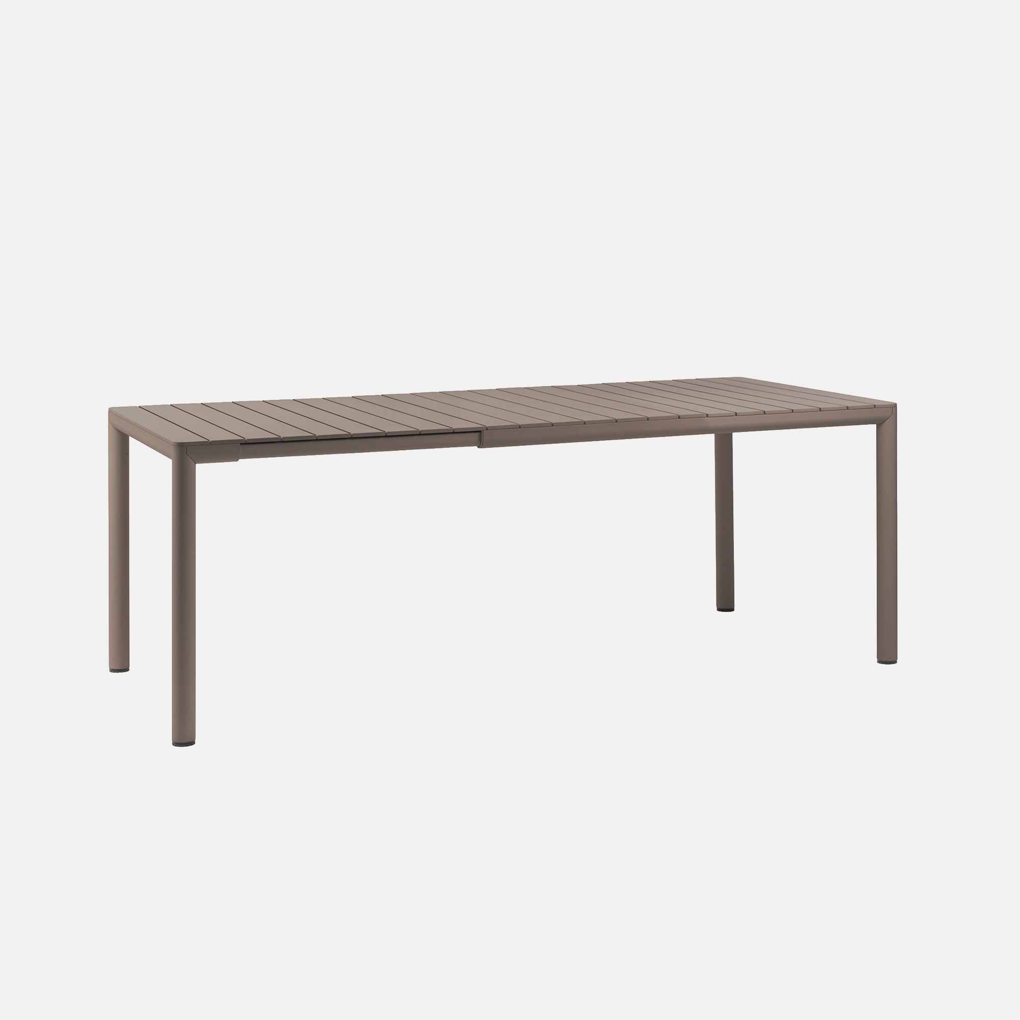 Rectangular shape outdoor table with a taupe colour top and legs on a white background