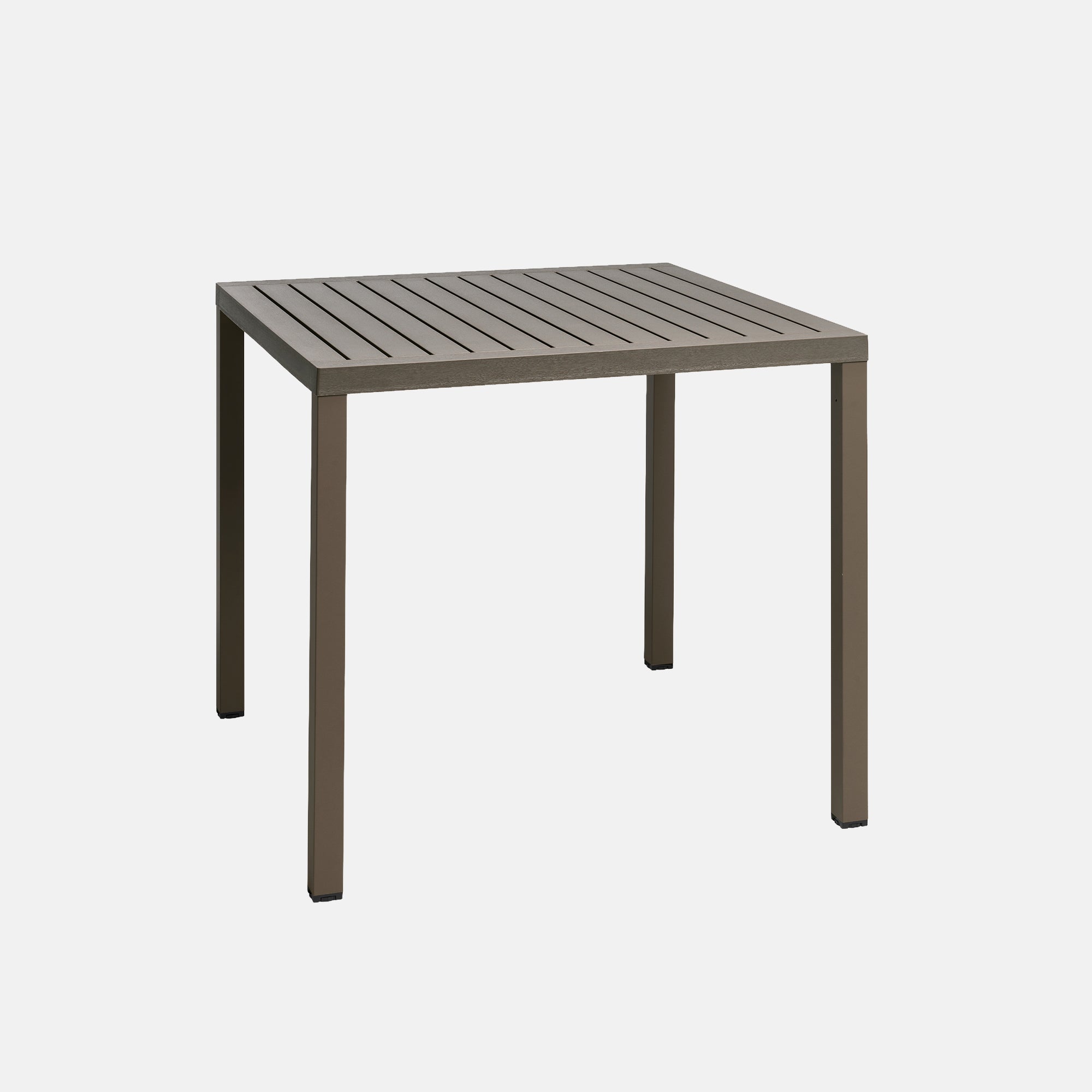 Square outdoor table with slatted top on a white background