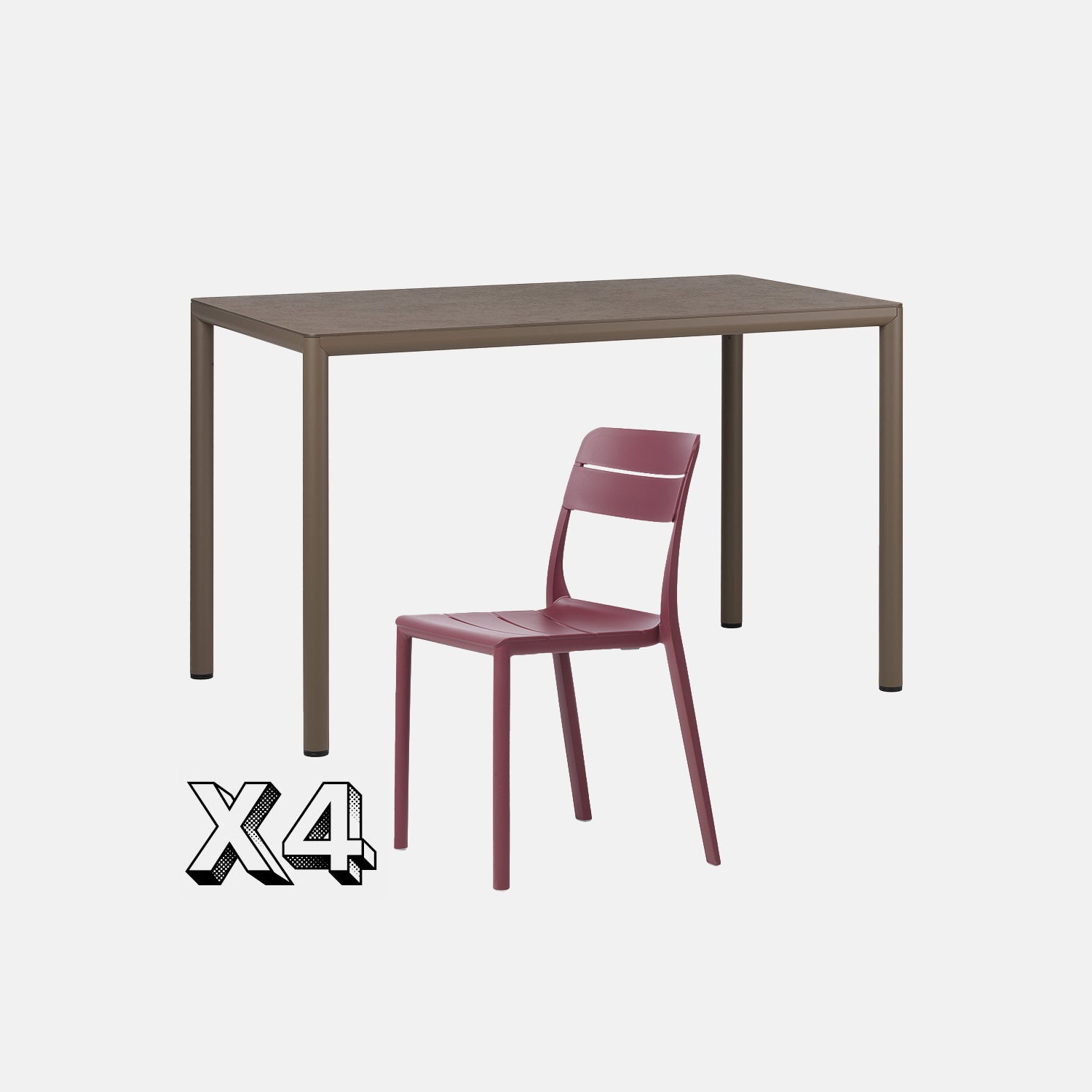 Dining Set - Piave 120cm Garden Table  In Tobacco & Cassia Armless Chairs In Burgundy On Grey Background