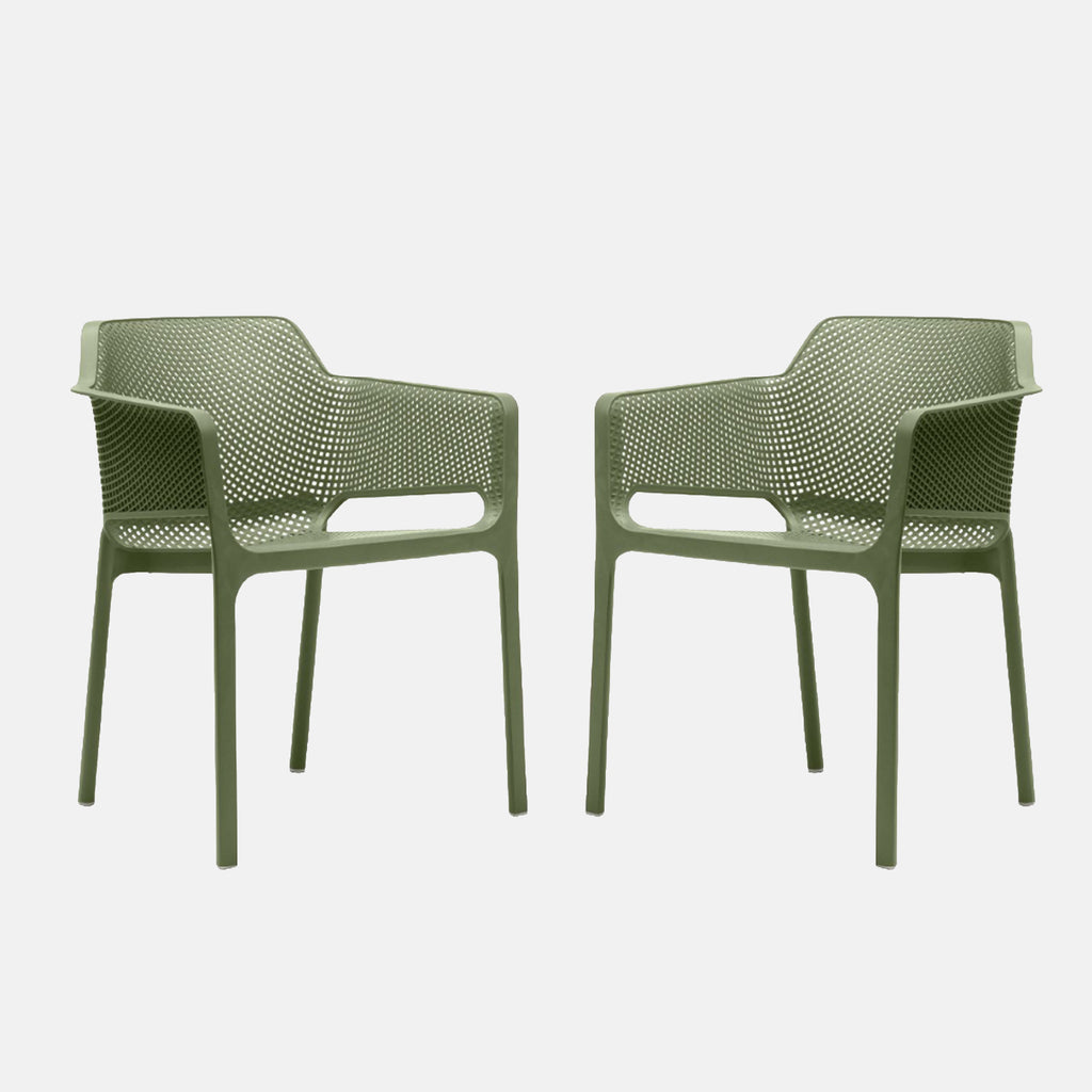 Two agave net garden chairs with a mesh design on a white background