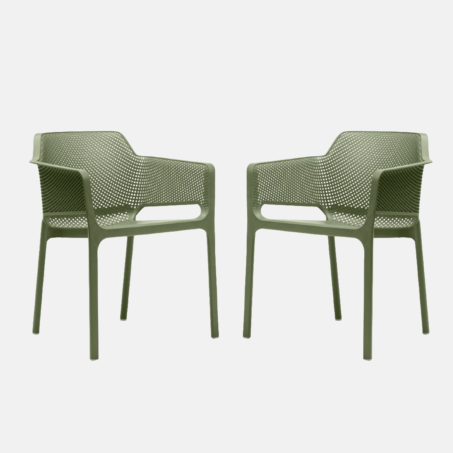Two agave net garden chairs with a mesh design on a white background