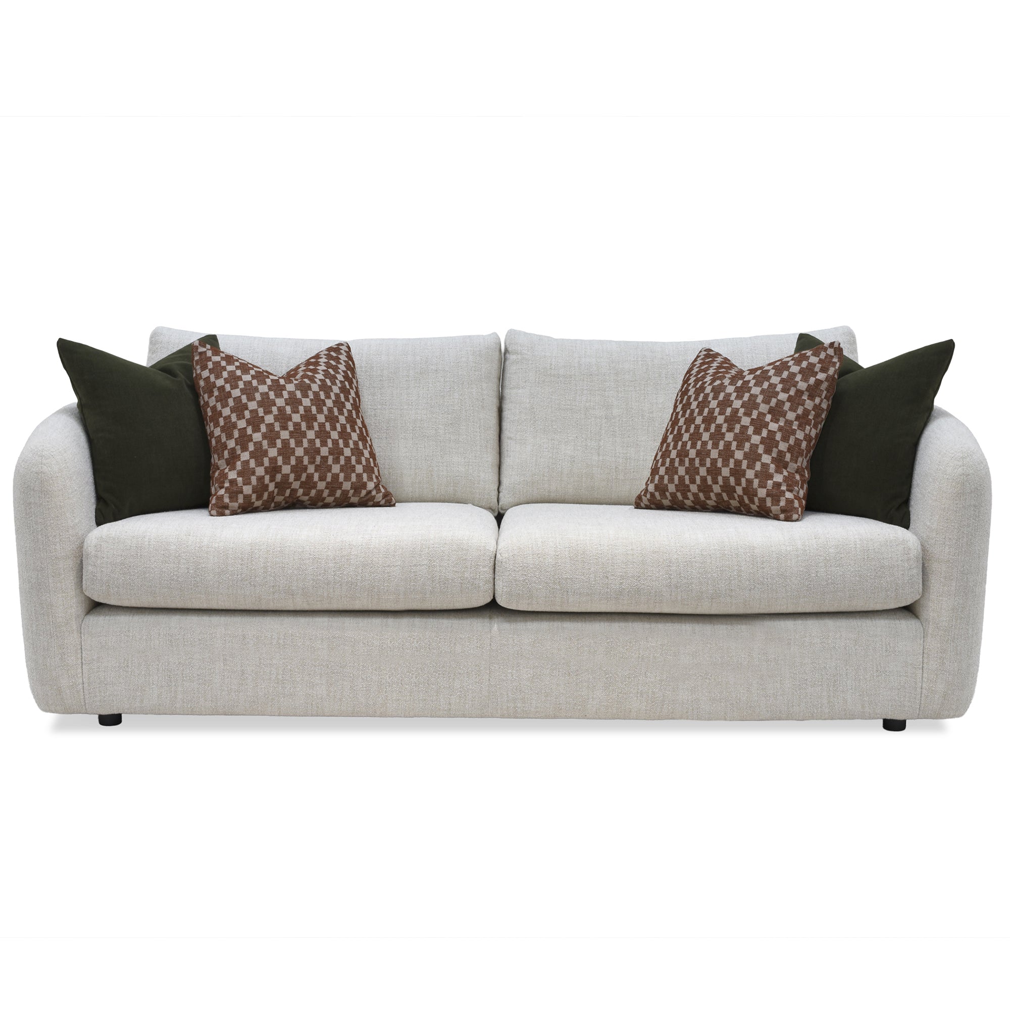 Carnaby Sofa - Large with patterned and solid brown cushions on a white background