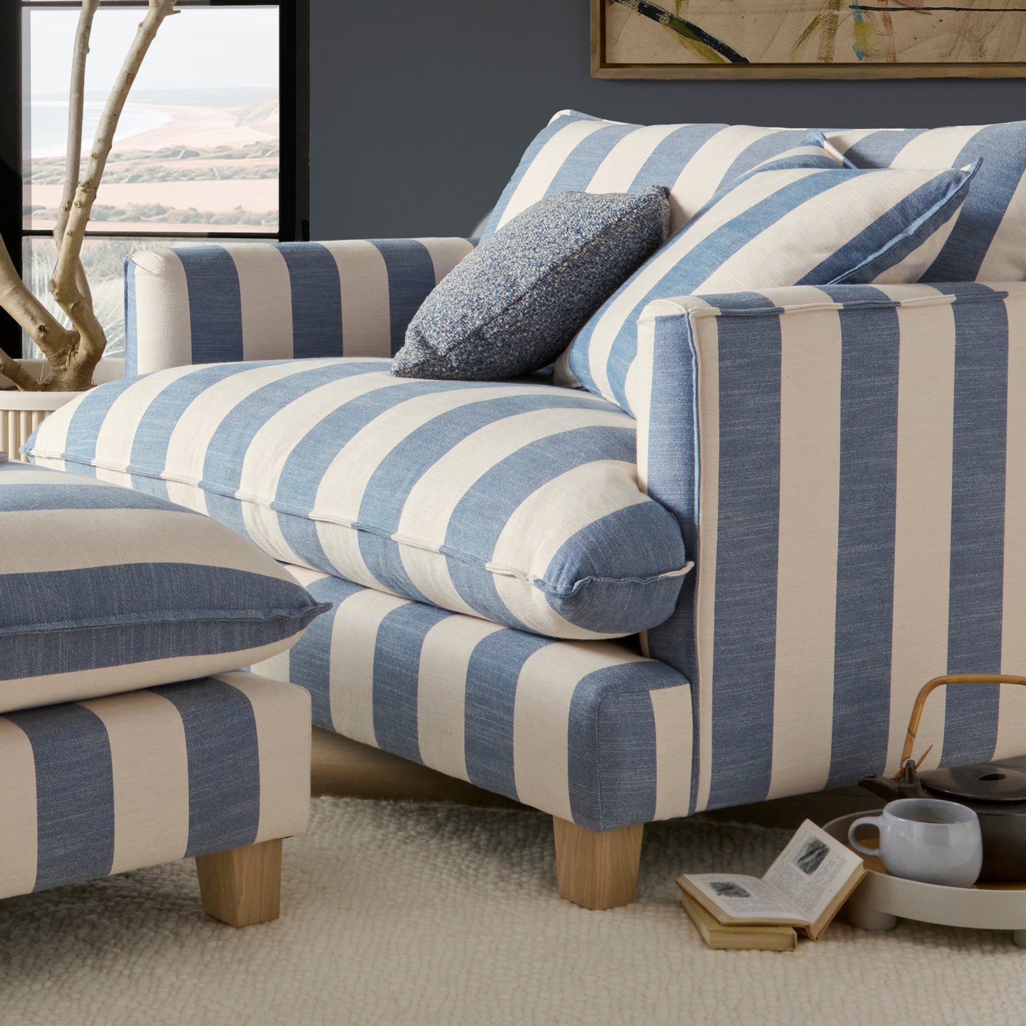 Cosy Room Set Of Howth Cuddler Chair In Coastal Ocean Stripe Fabric