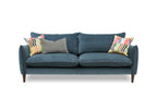 Blue sofa with colorful cushions on a white background
