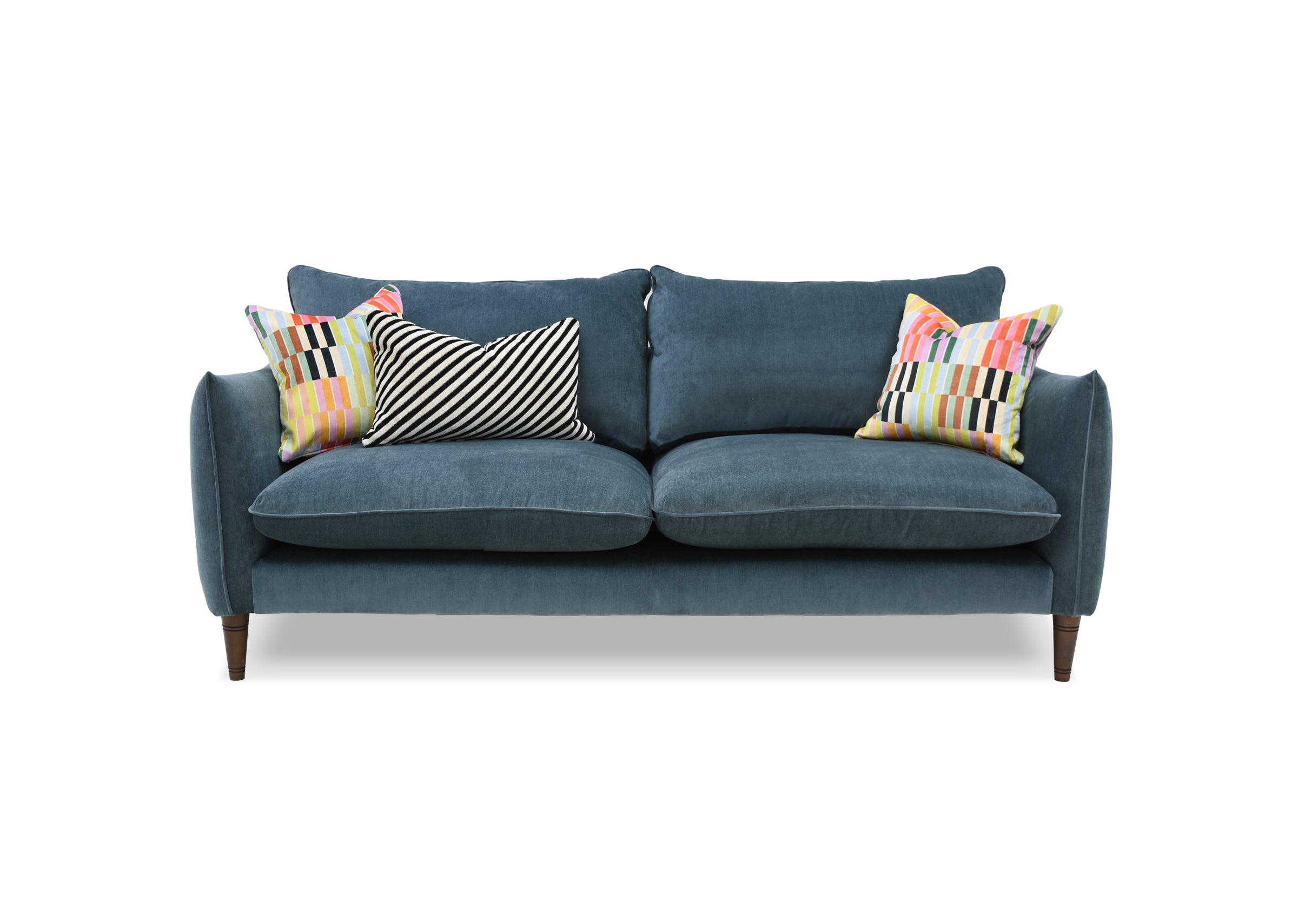 Kenmare Sofa - Large In Soft Chenille Topaz With Colourful Patterned Scatters By Vogue Williams. 