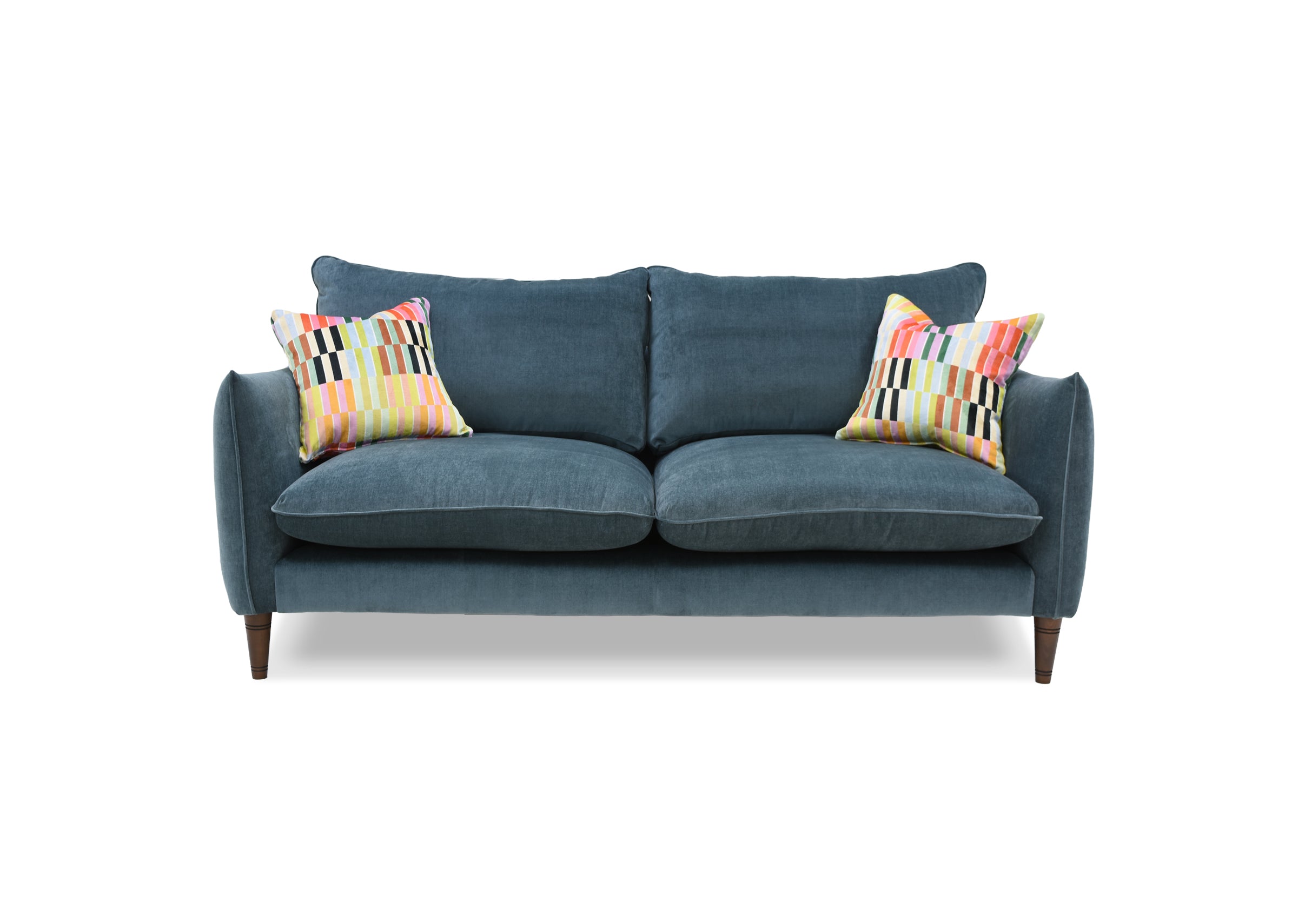Kenmare Sofa -  Medium Blue sofa with colourful patterned cushions on a white background