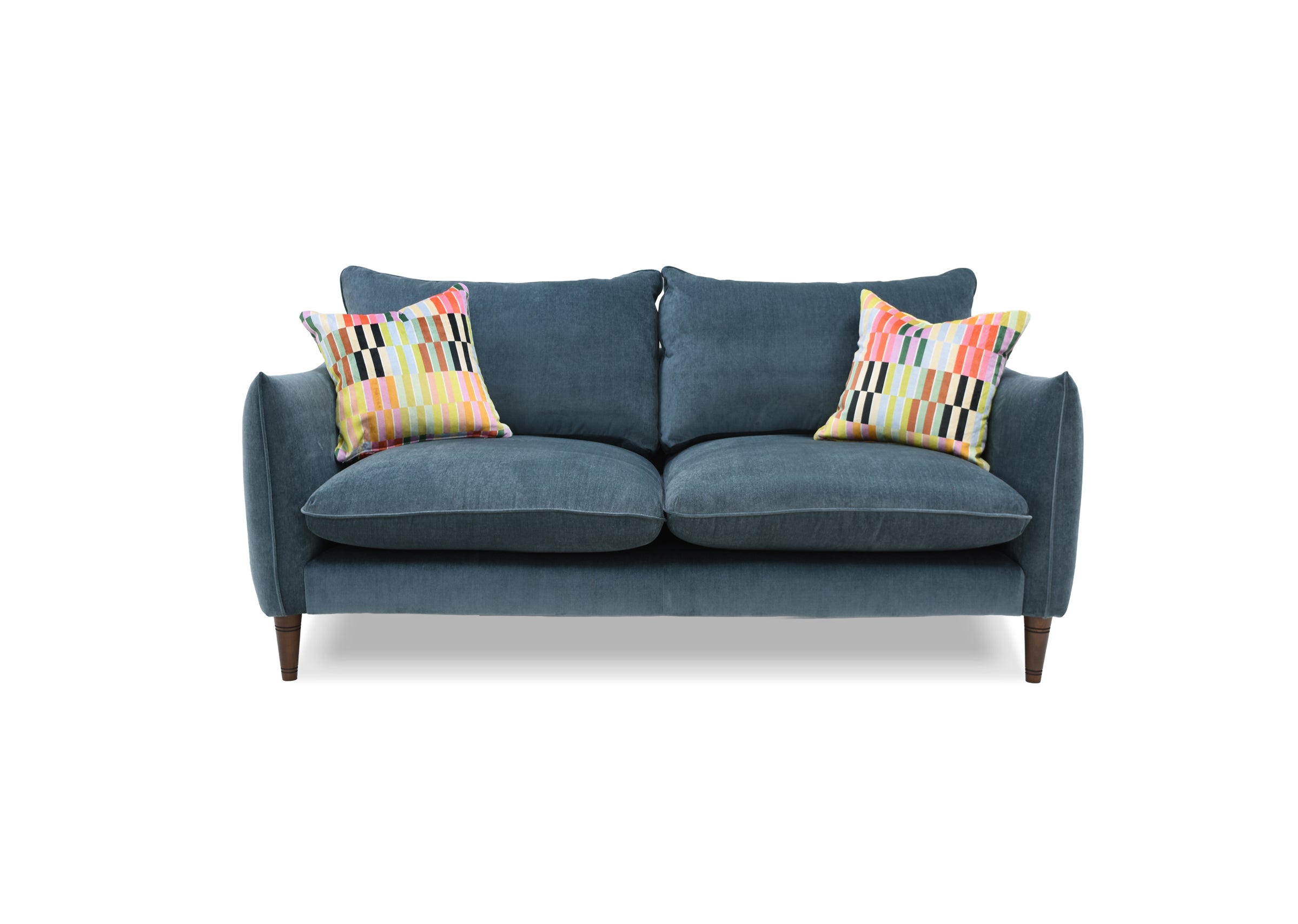Kenmare Sofa -  Small sofa in Soft Chenille Topaz with colourful pillows on a white background