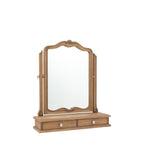 A vintage-style wooden vanity table with an arched mirror and two drawers, shown on a plain white background.