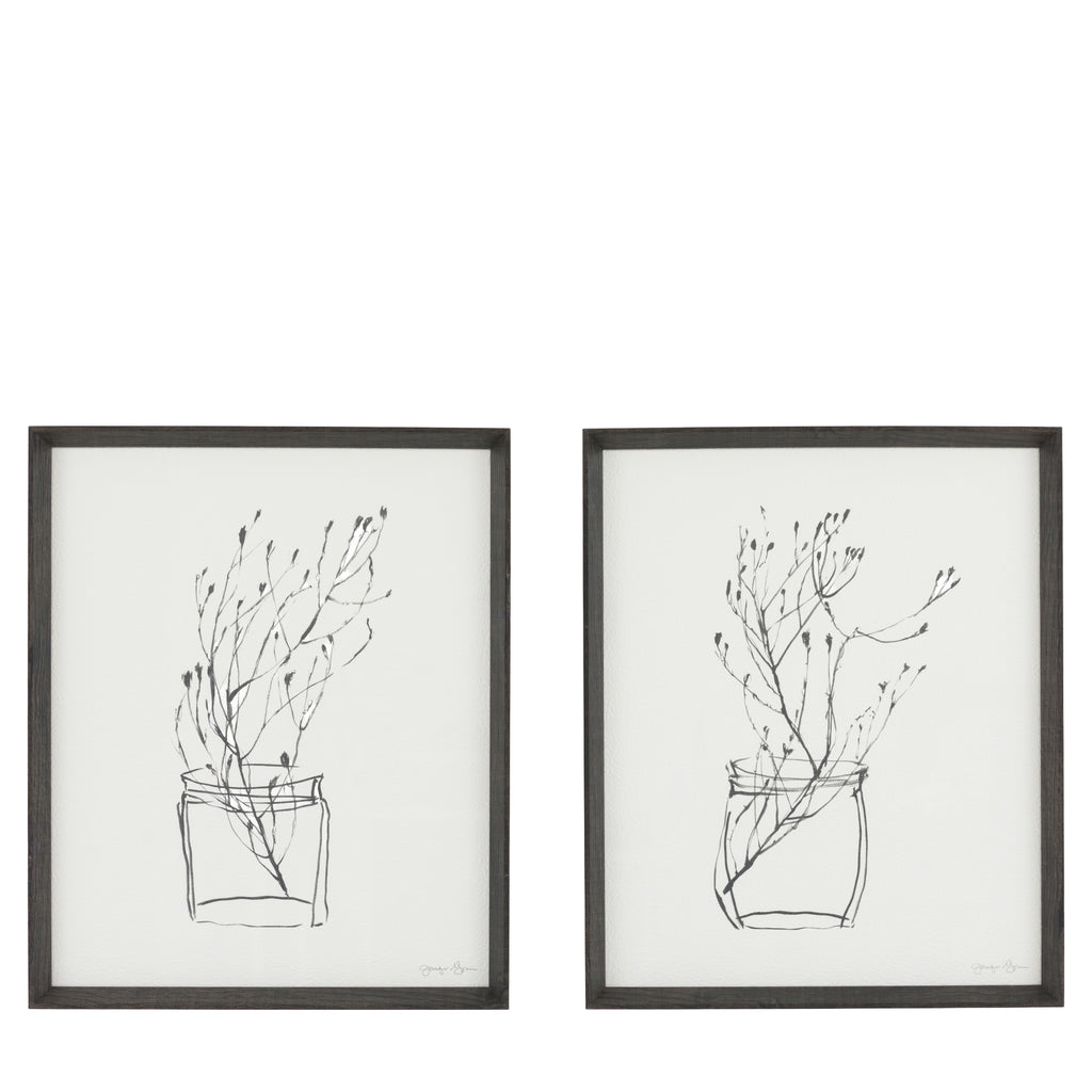 Two framed black and white line drawings of plants on a white background