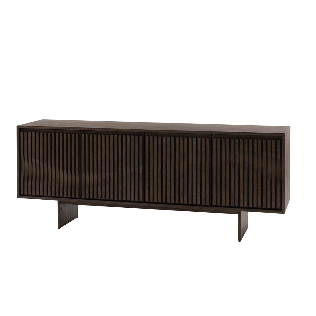Walnut sideboard with slatted design on a white background