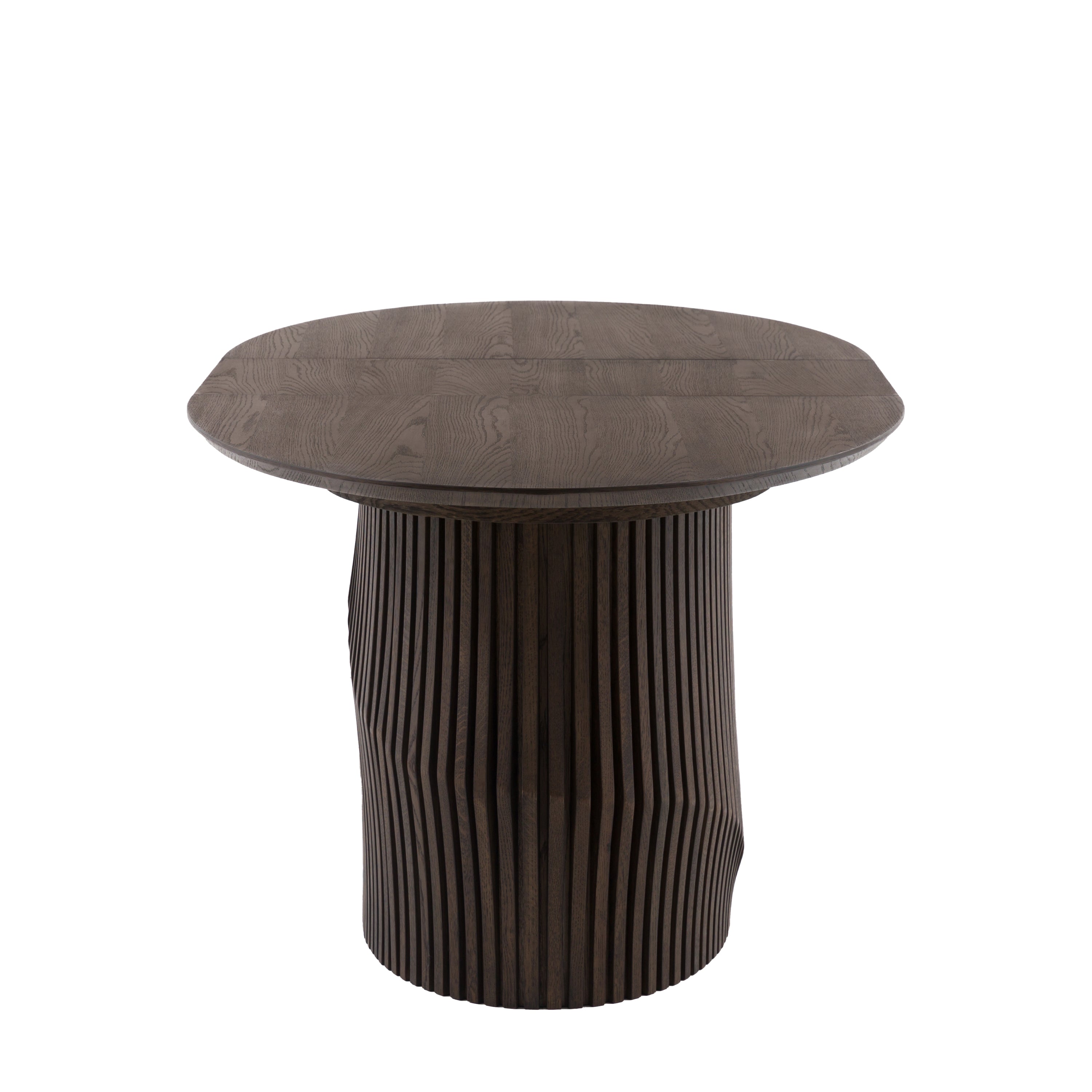oval Dining table with ribbed cylindrical base on a white background