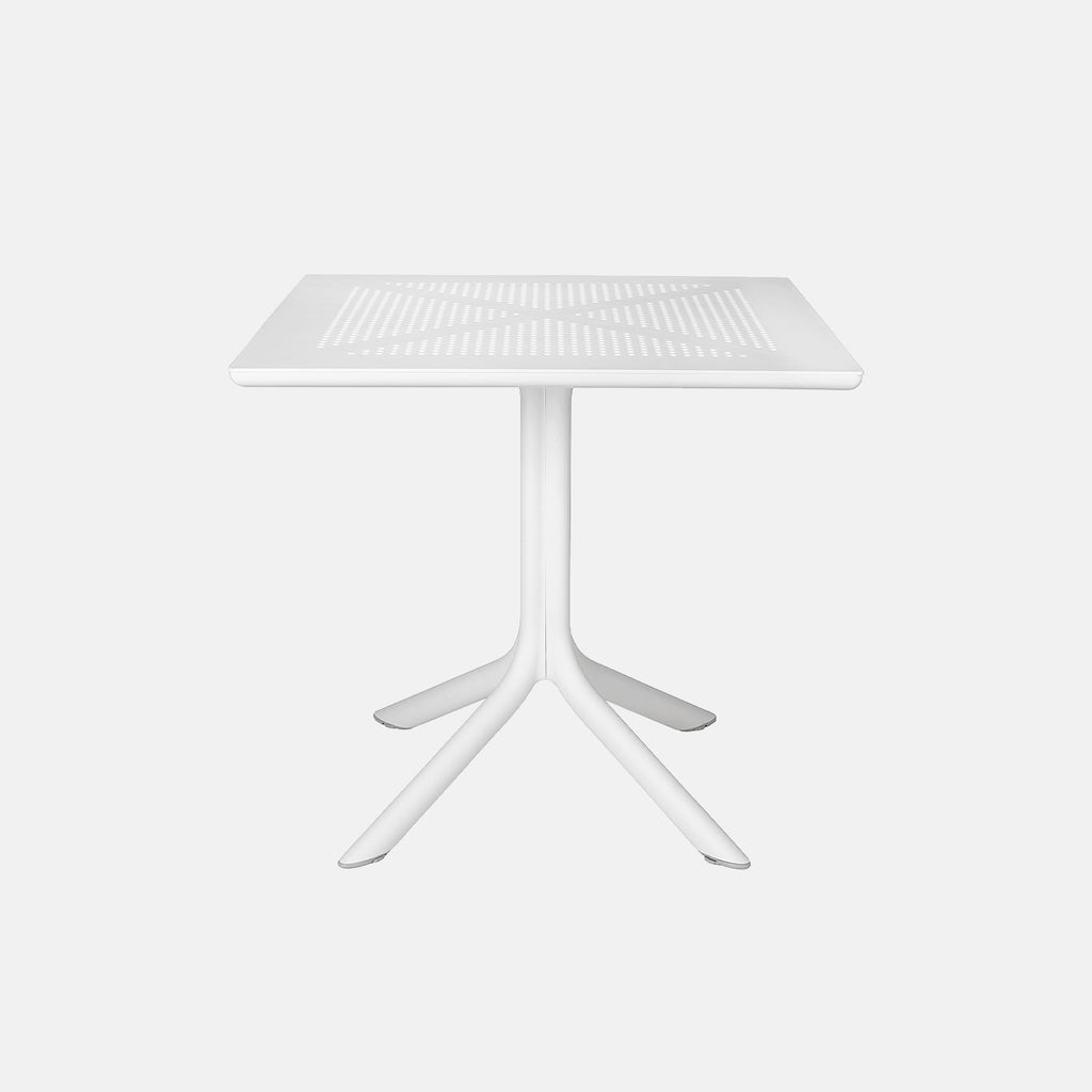 White outdoor table with a grid pattern on a white background