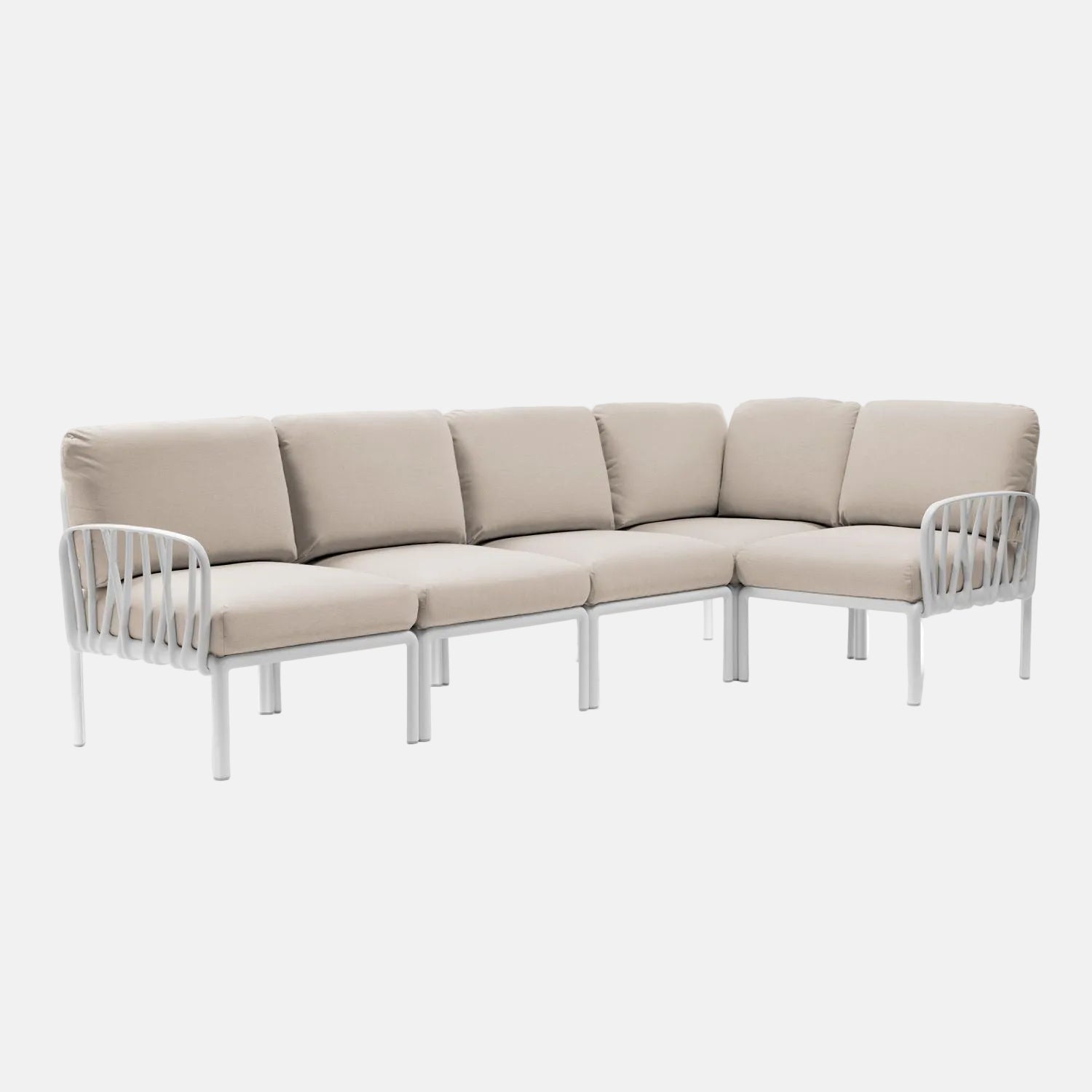 Komodo modular sofa with a white base frame and light coloured cushions on a white background.