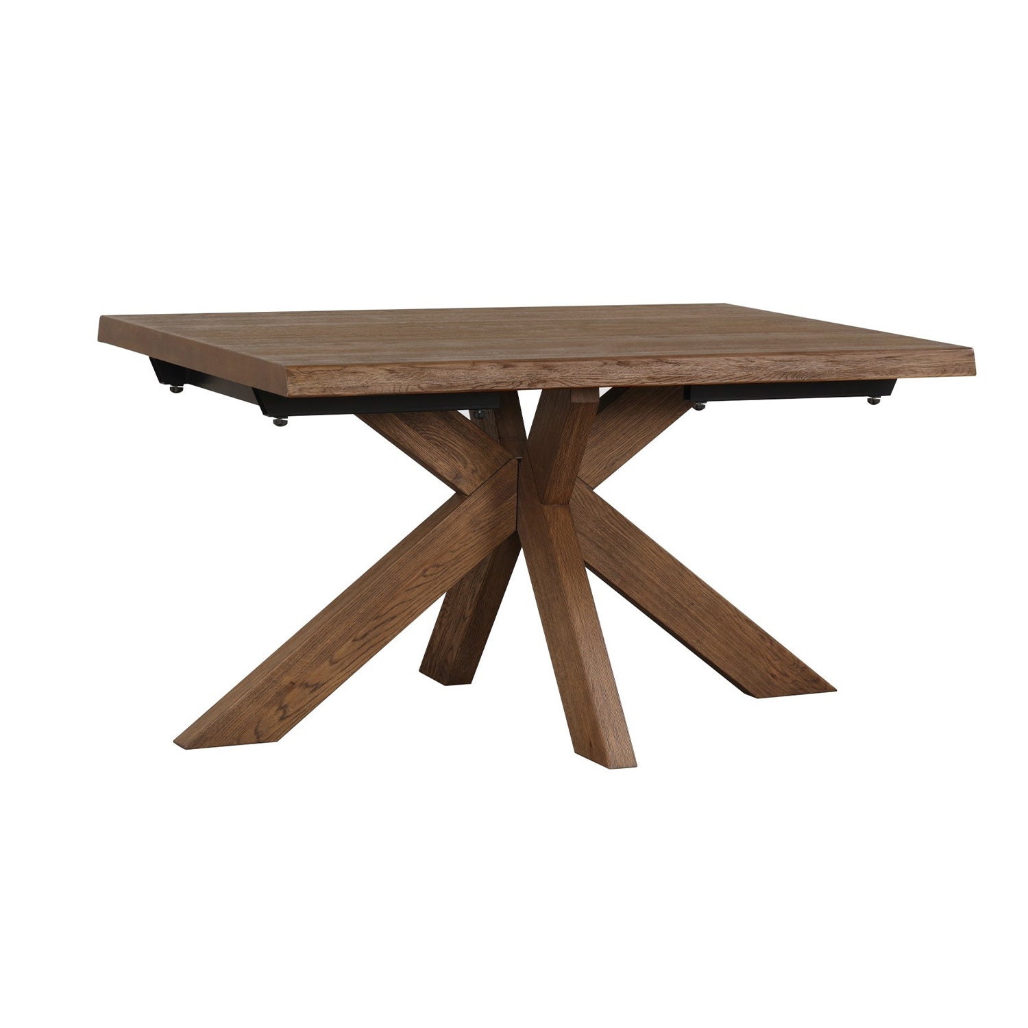 Wooden dining table with a unique X-shaped base on a white background