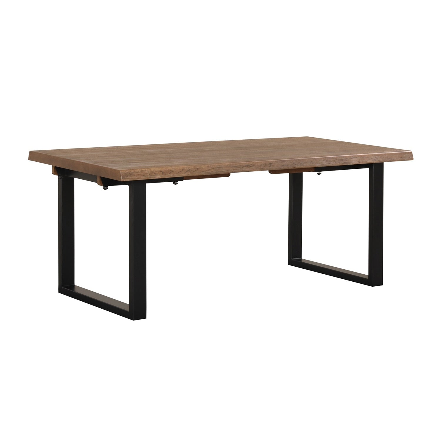 Wooden table with black metal legs on a white background