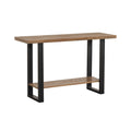 Wooden console table with black metal legs on a white background