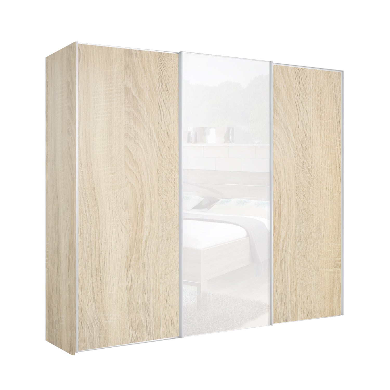Chicago 225cm Sliding Wardrobe - Wooden Finish & All Glass Doors Light Wood