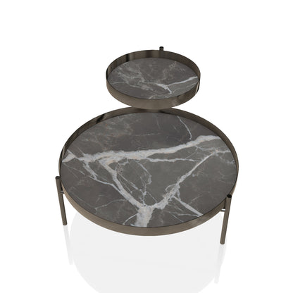 Planet Coffee Table By Bontempi Casa - Grey Gloss White Veined Super Marble With Natural Silver Base