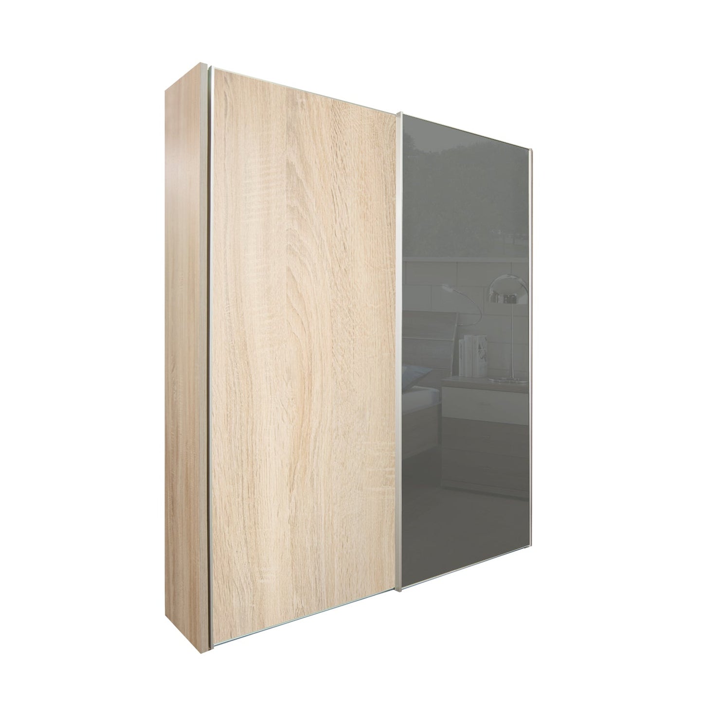Chicago 150cm Sliding Wardrobe - Light Oak Wood & Glass Door