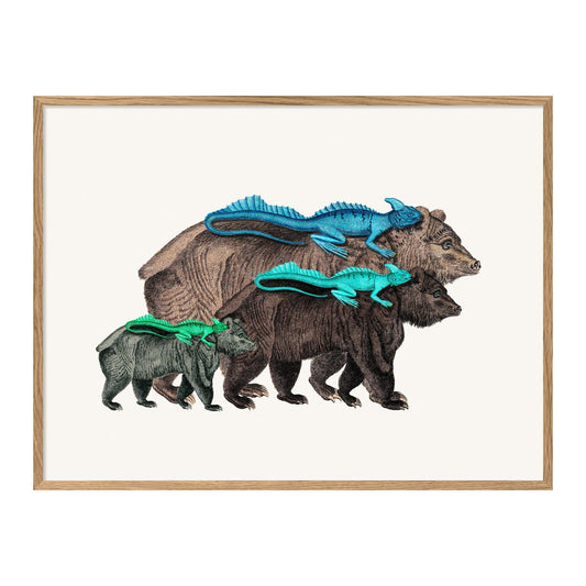 No. 1301 Bears & Lizards With Oak Frame - 30cm x 40cm