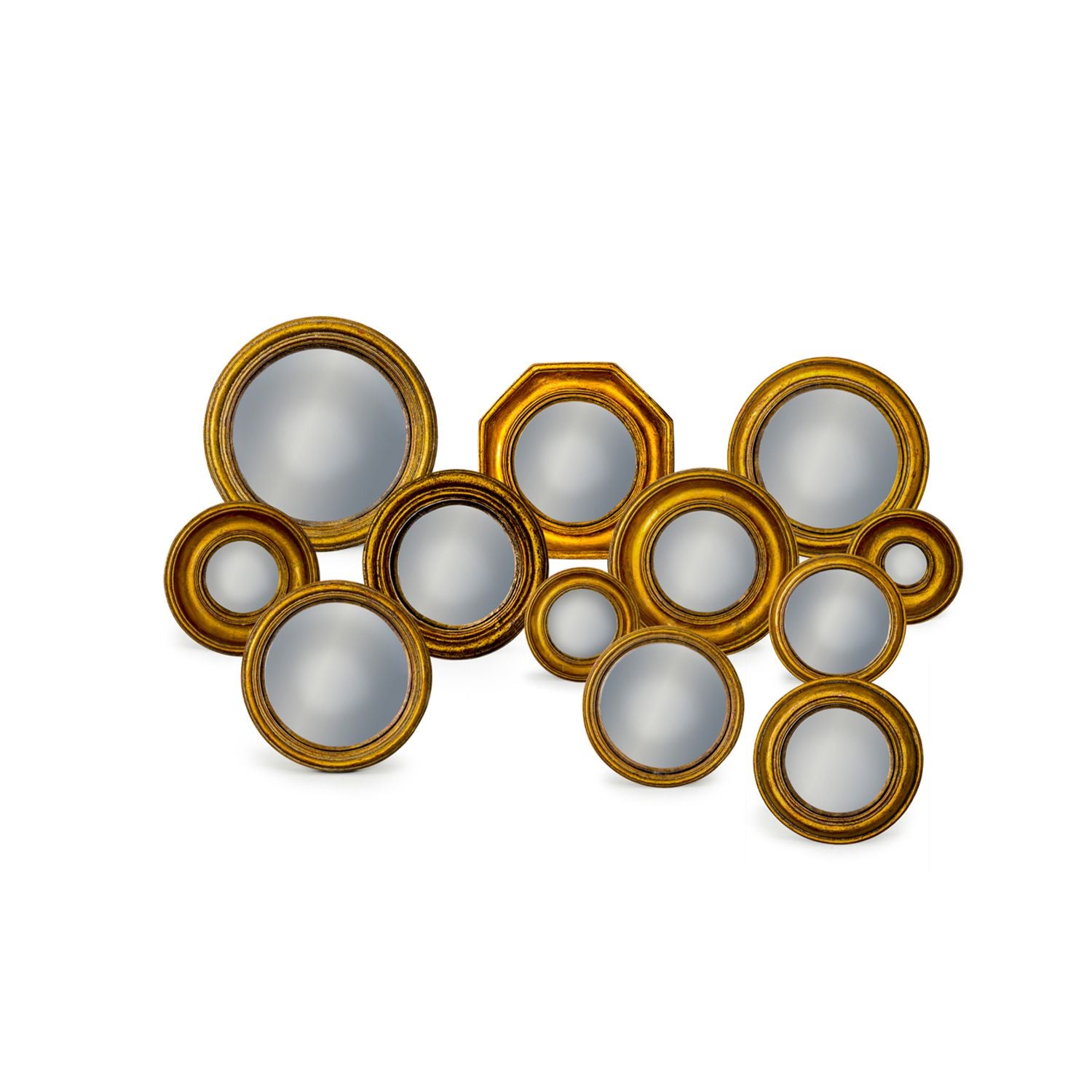 Set Of 12 Assorted Antique Gold Framed Convex Mirrors