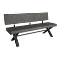 Upholstered back bench with step legs on a white background.