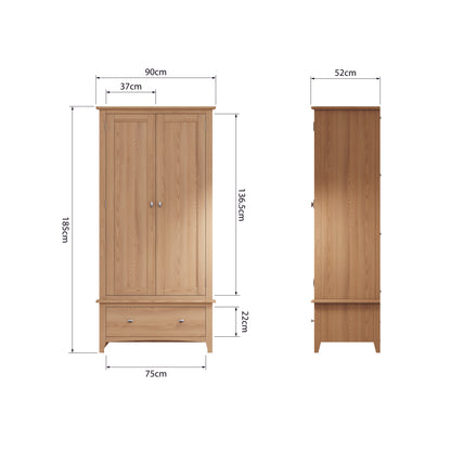Faro Oak Wardrobe - 2 Door with Drawer