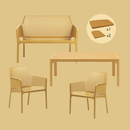 Garden Set - Net Table, Bench , x2 Net Relax Chairs & Cushions - Mustard