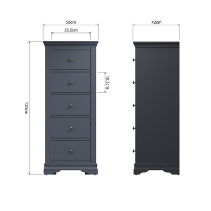 Toulouse Midnight Grey Chest Of Drawers - 5 Drawer Tall