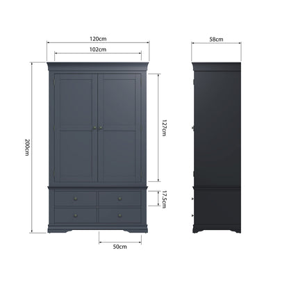 Toulouse Midnight Grey Wardrobe - 2 Door With Drawers