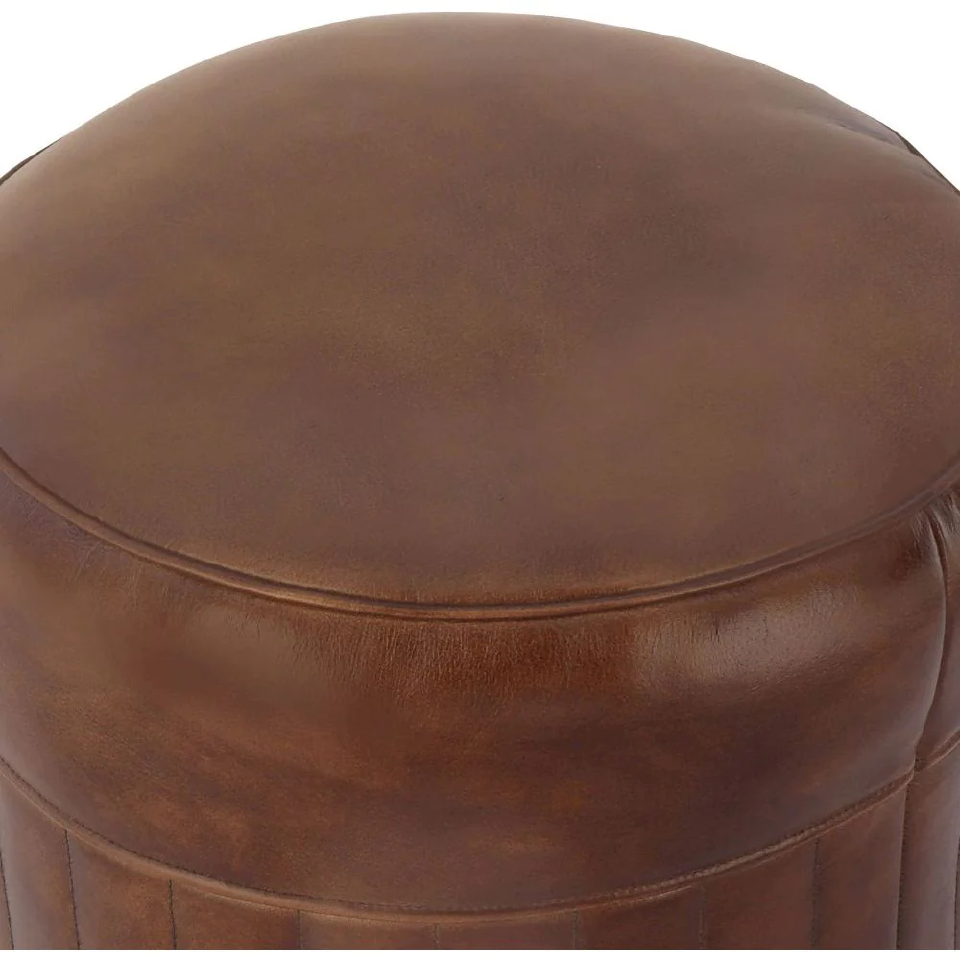 Round Leather Pouffe - Brown