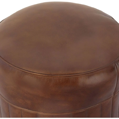 Round Leather Pouffe - Brown