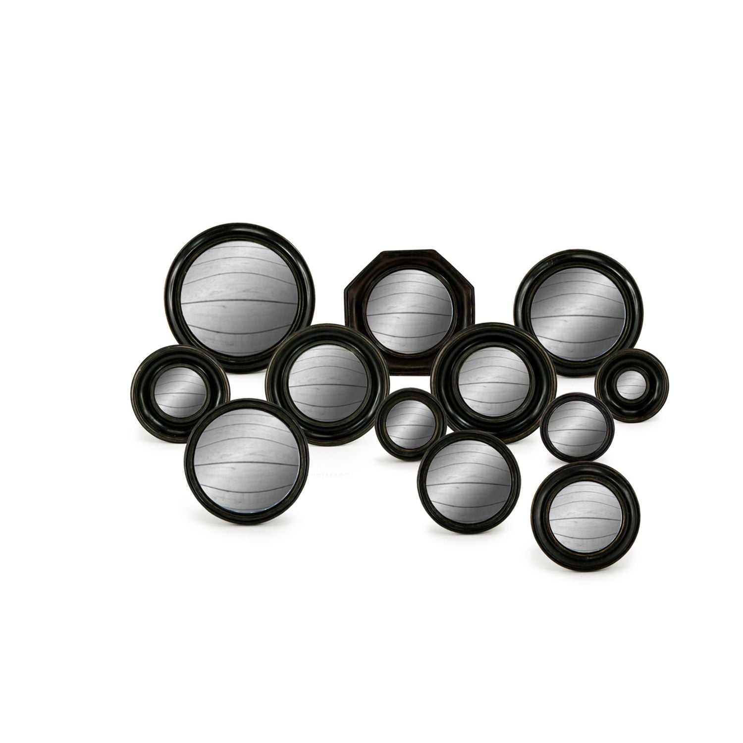Set Of 12 Assorted Black Framed Convex Mirrors